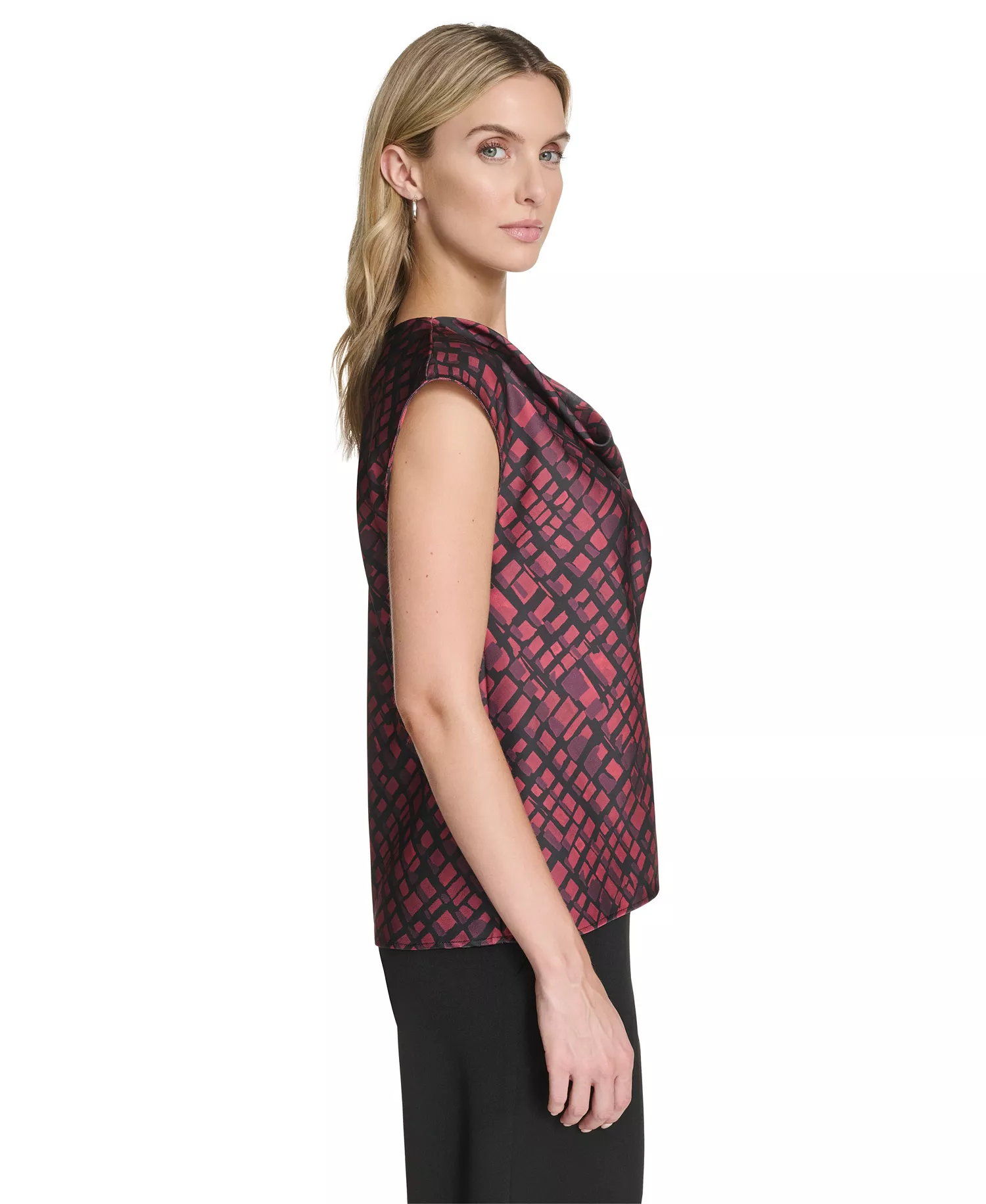 Women's Short Sleeve Cowl Neck Pull-On Blouse - Cranberry Multi - L