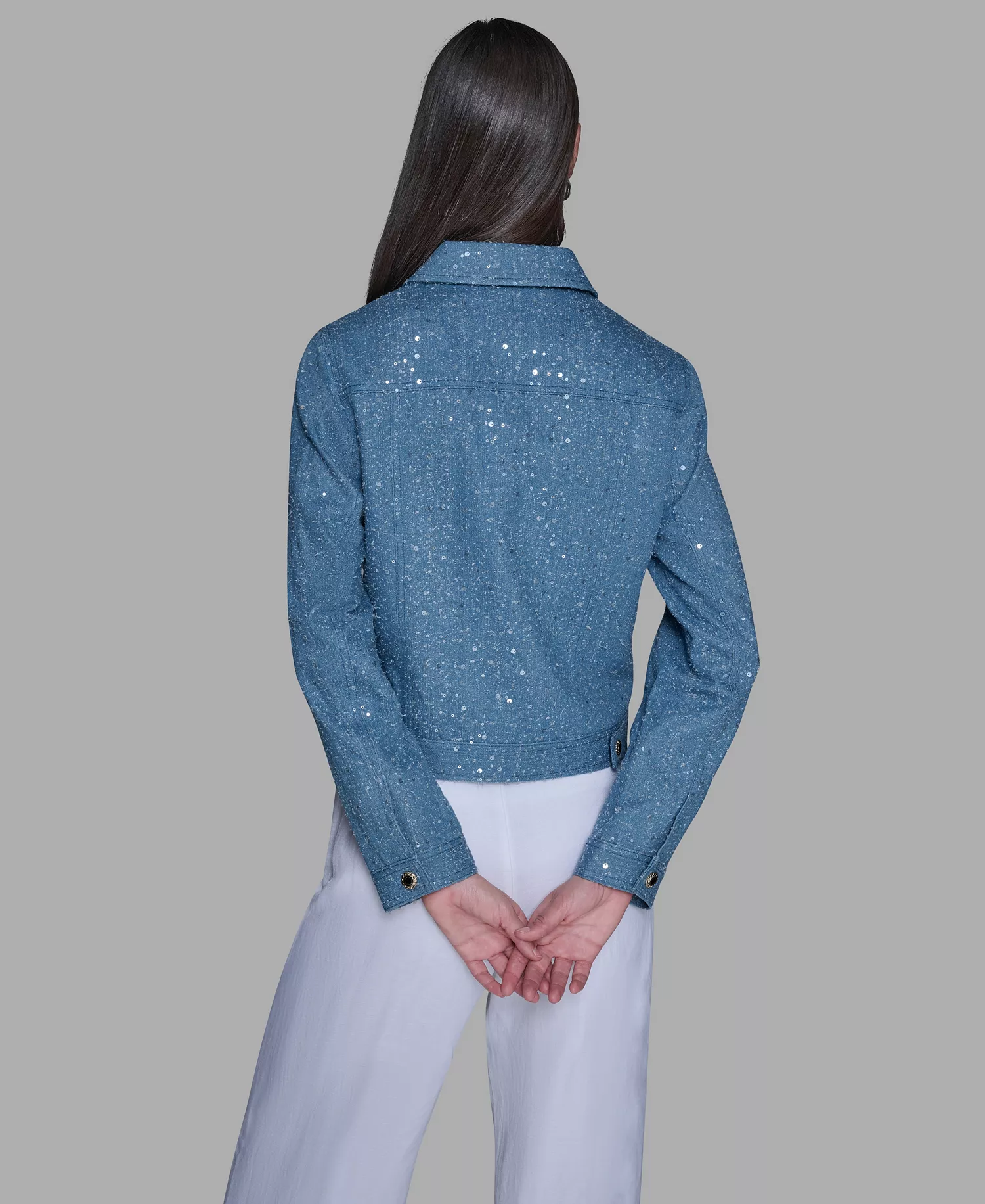 Women's Button Front Sequin Detail Jacket - Medium Blue - L