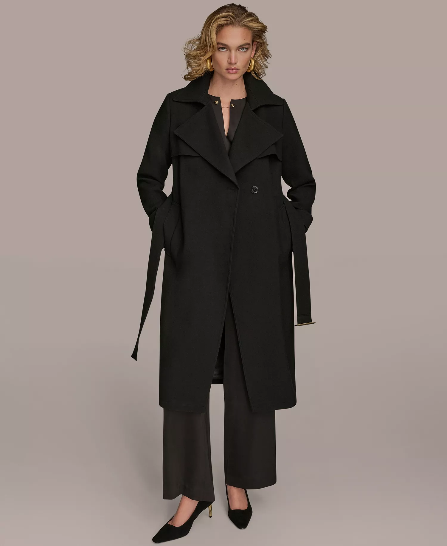 Women's Belted Notched-Collar Trench Coat - Black - L