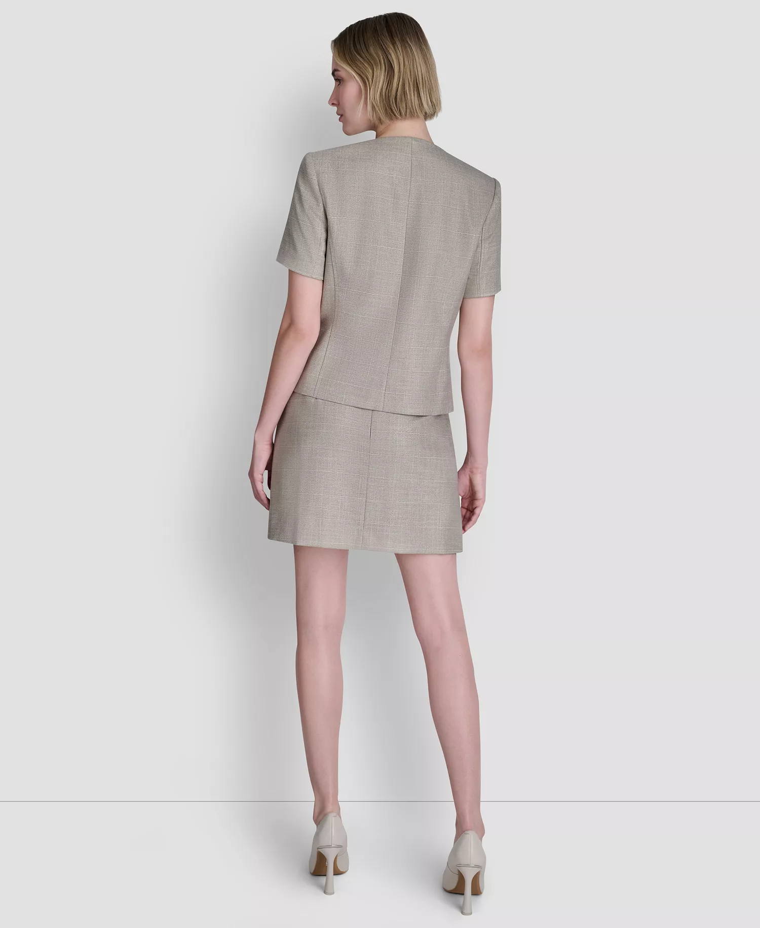 Women's Windowpane Short-Sleeve Crew Neck Structured Top - Pebble / White Combo - 0