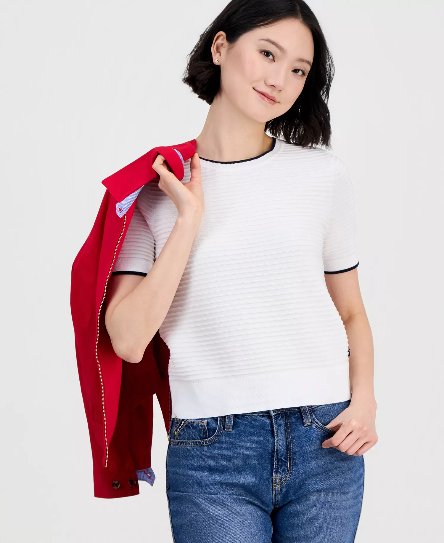 Jeans Women's Cotton Roll-Neck Raised-Stripe Sweater - Brght Wh/night Sky - L