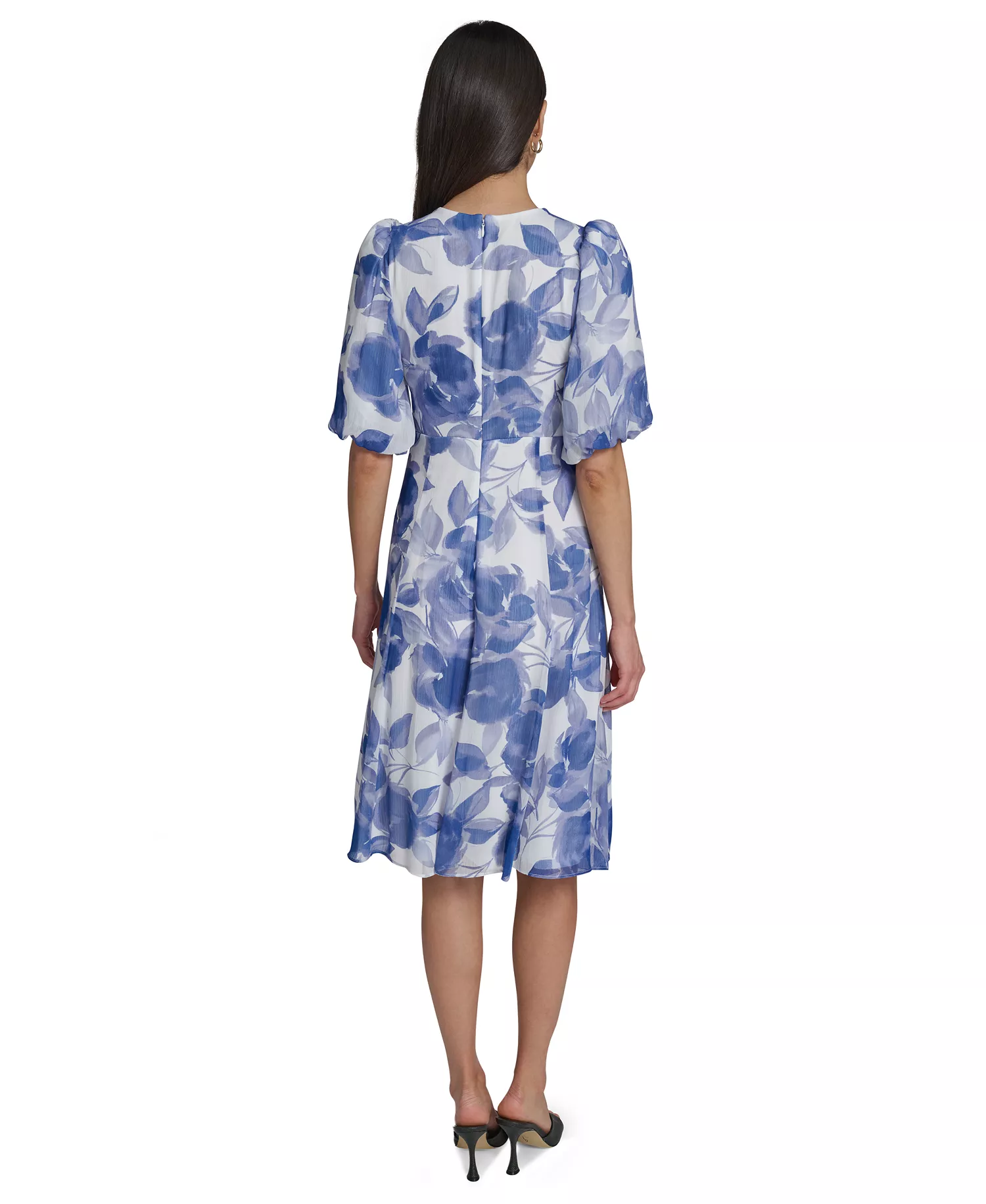 Women's Floral Puff-Sleeve Crewneck Midi Dress - SPRING MIST MULTI - 10