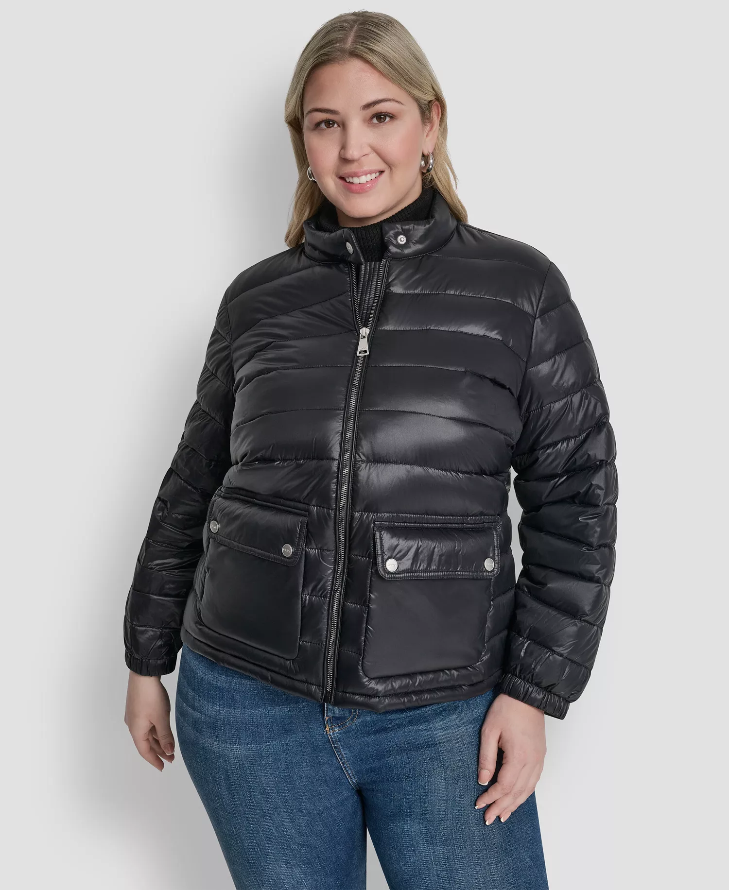 Plus Size Moto Collar Short Packable Coat - Black - 0X