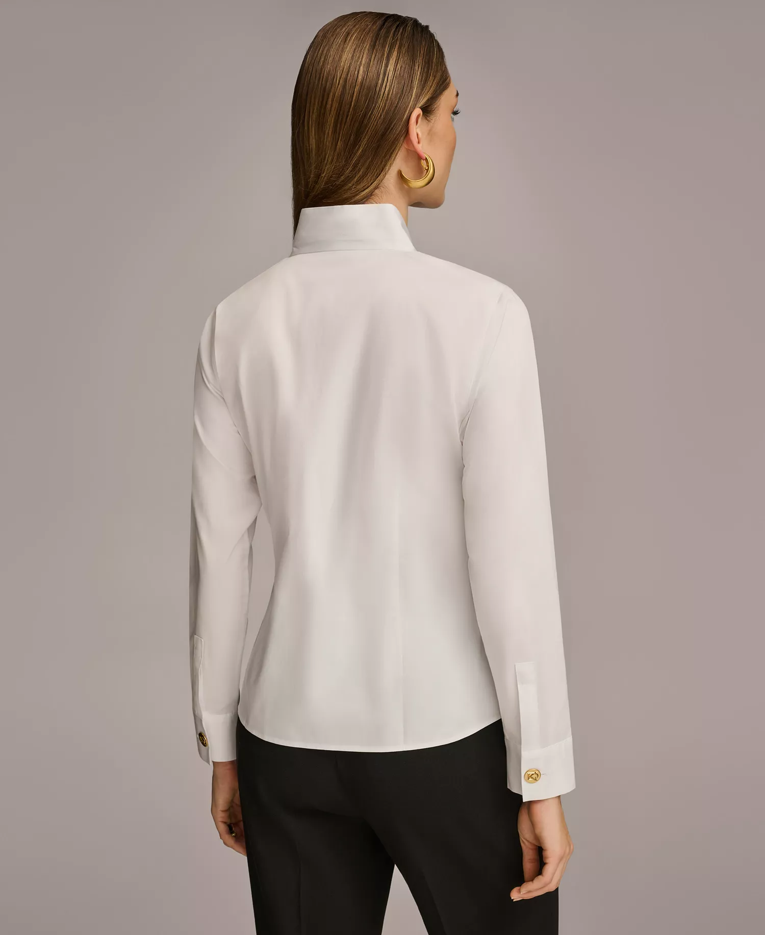 Women's Stand Collar Button Front Cotton Shirt - White - XS