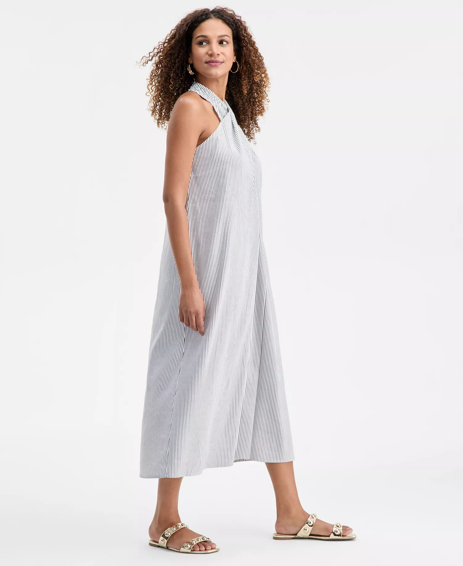 Linen-Blend Crossover Halter Midi Dress, Macy's Exclusive - Magda Stripe - M