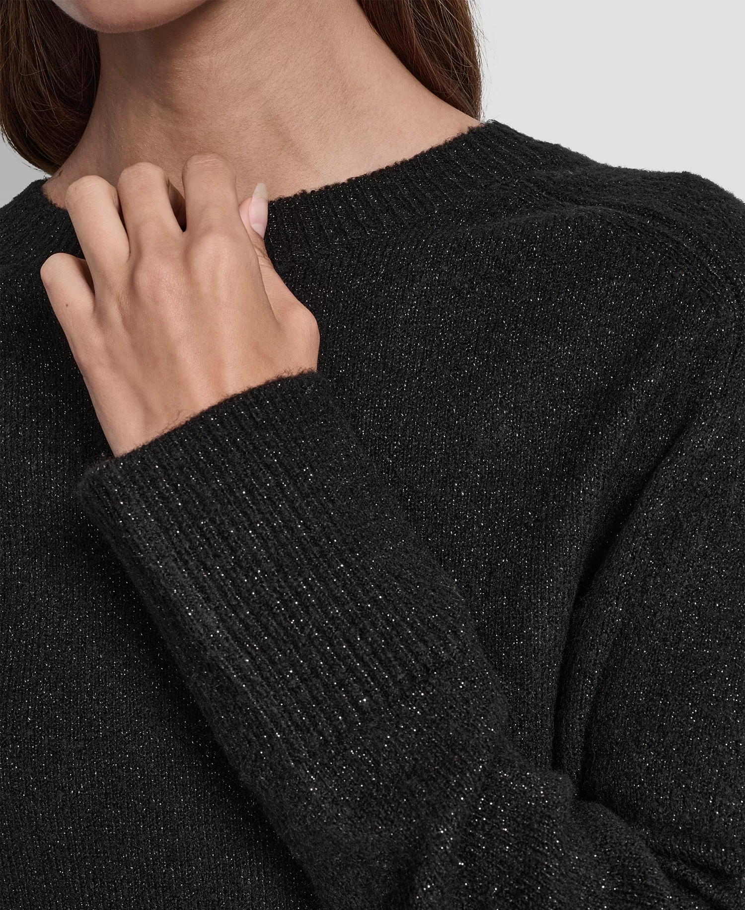 Women's Metallic Crewneck Long-Sleeve Sweater - Black - L