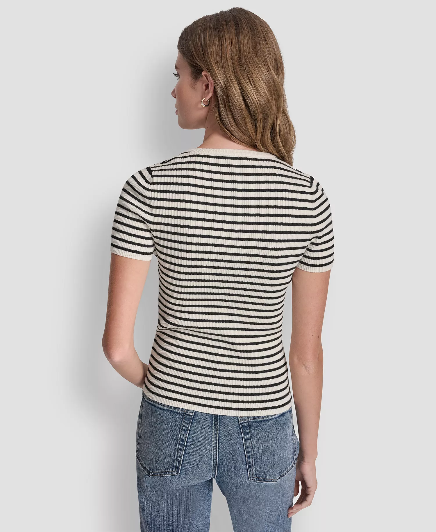 Women's Crew Neck Striped Rib Top - Eggnog/black - L