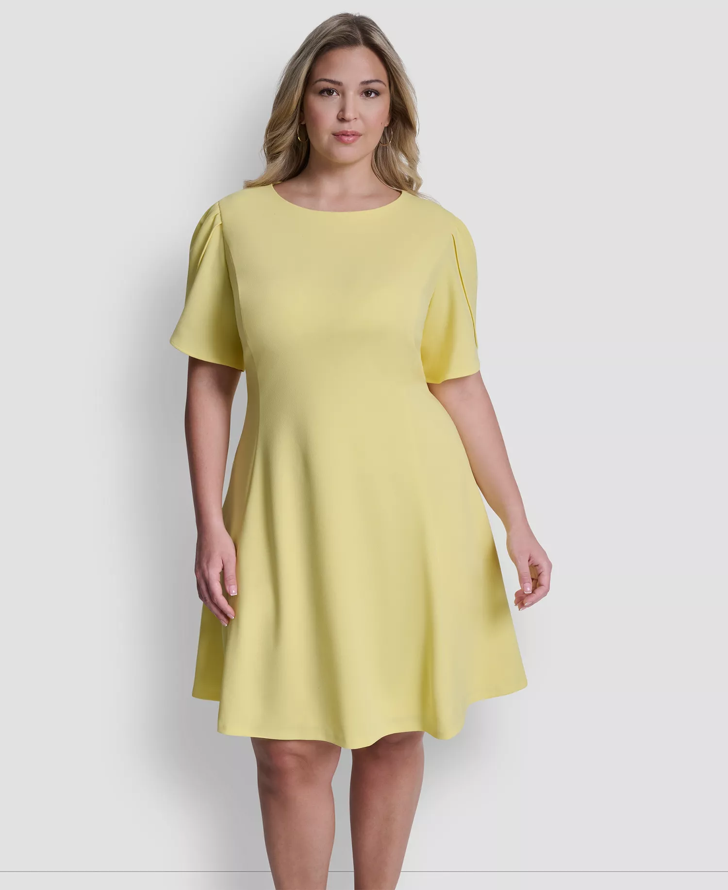 Plus Size Tulip-Sleeve Fit And Flare Jewel Neck Short Dress - Soft Yellow - 14W