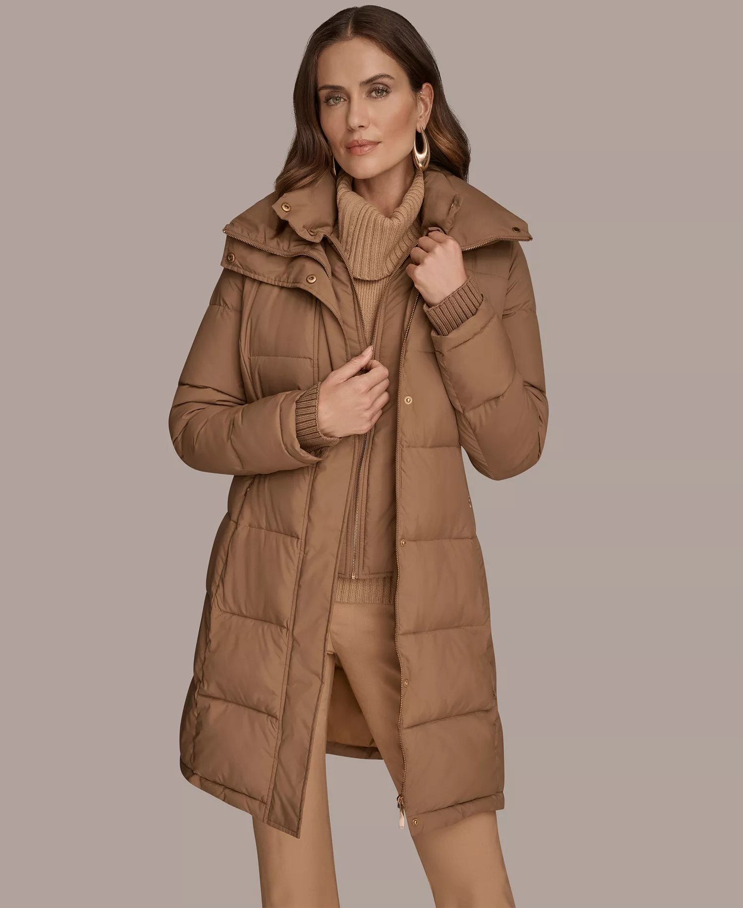 Women's Belted Bibbed Puffer Coat - Antiq gold - L