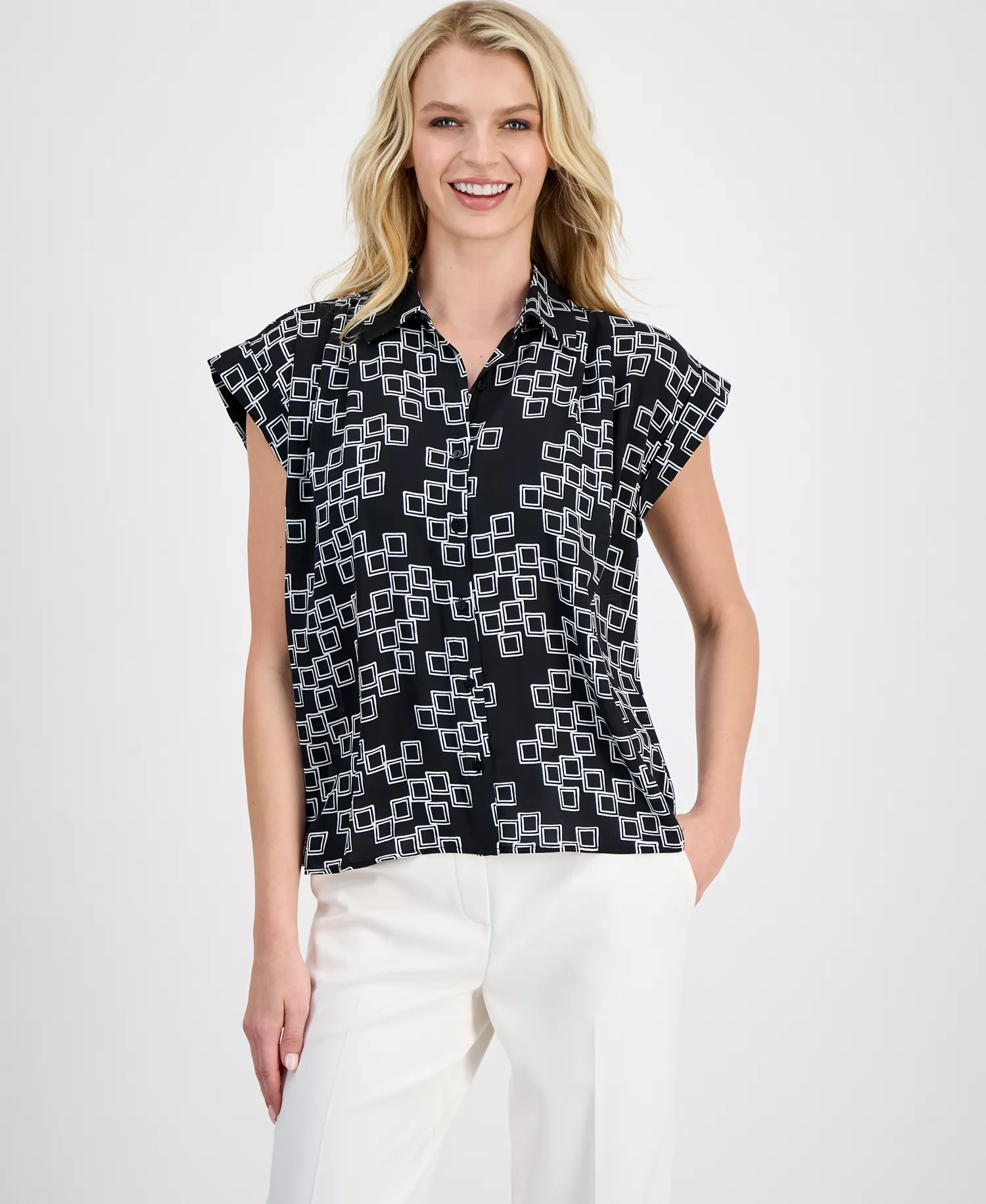 Women's Printed Point Collar Shirt - Black/white Frames Print - L
