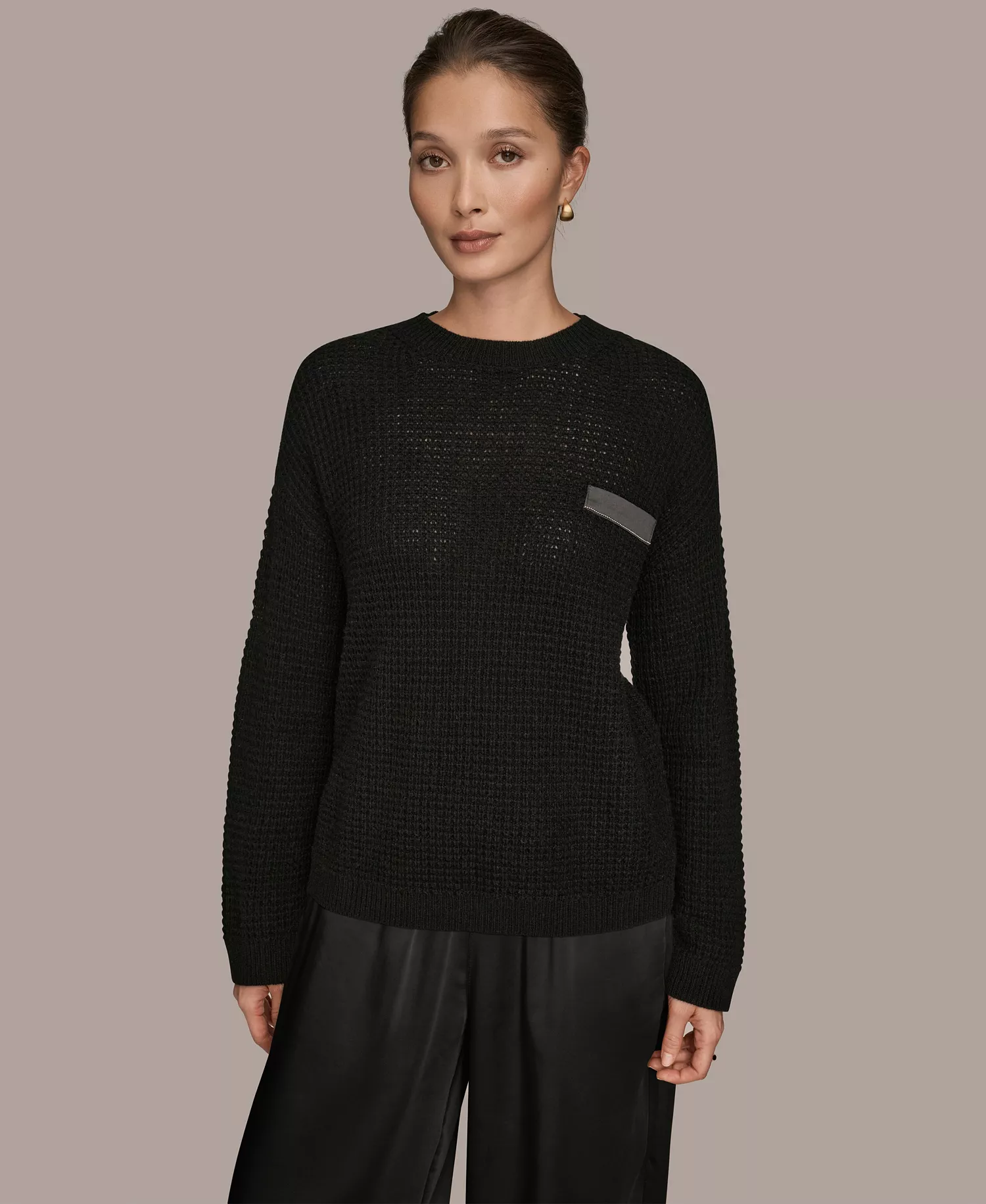 Women's Long-Sleeve Wool Cashmere Blend Waffle Stitch Sweater with Chest Pocket - Black/Silver - L