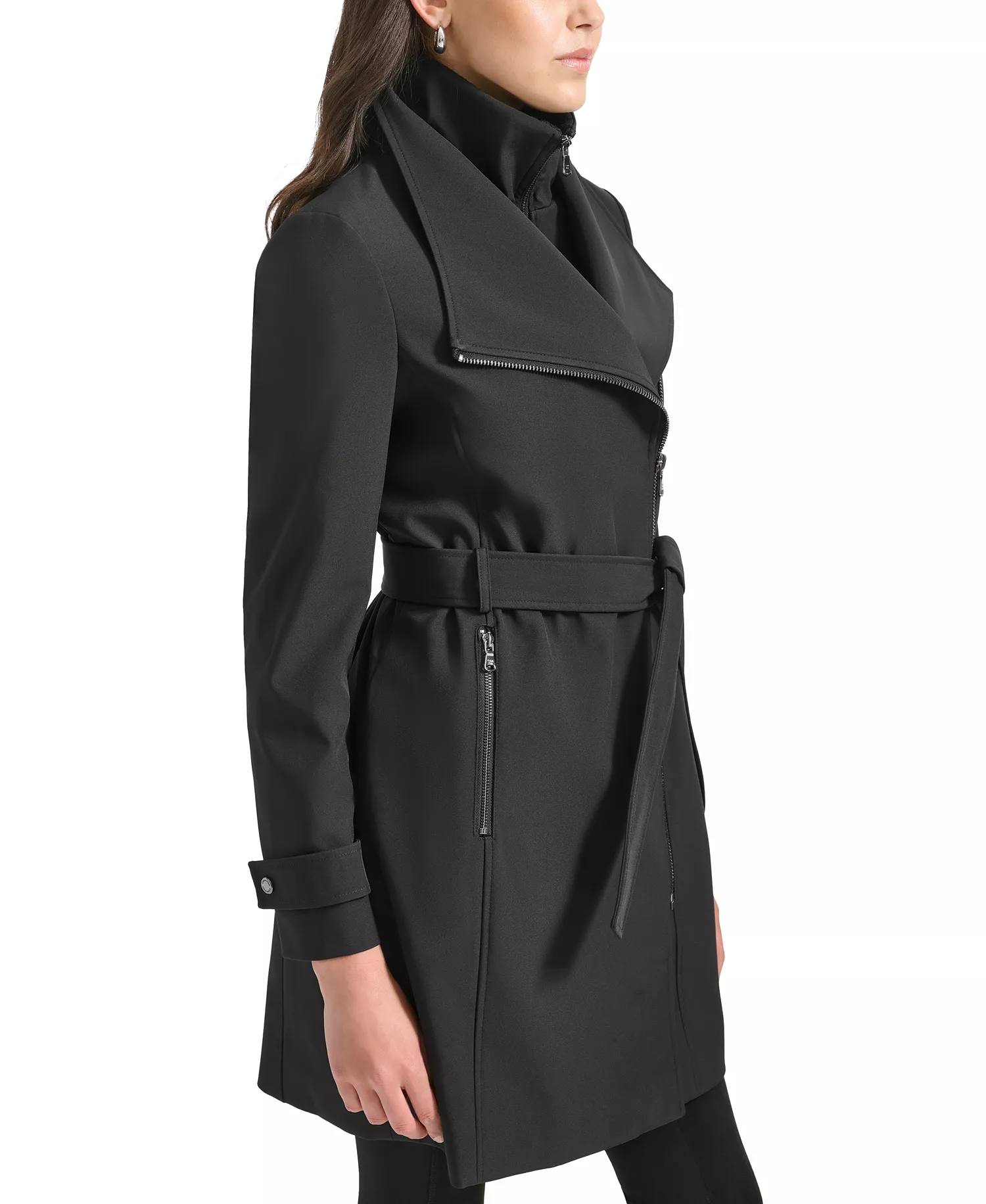 Women's Belted Wrap Coat - Black - L