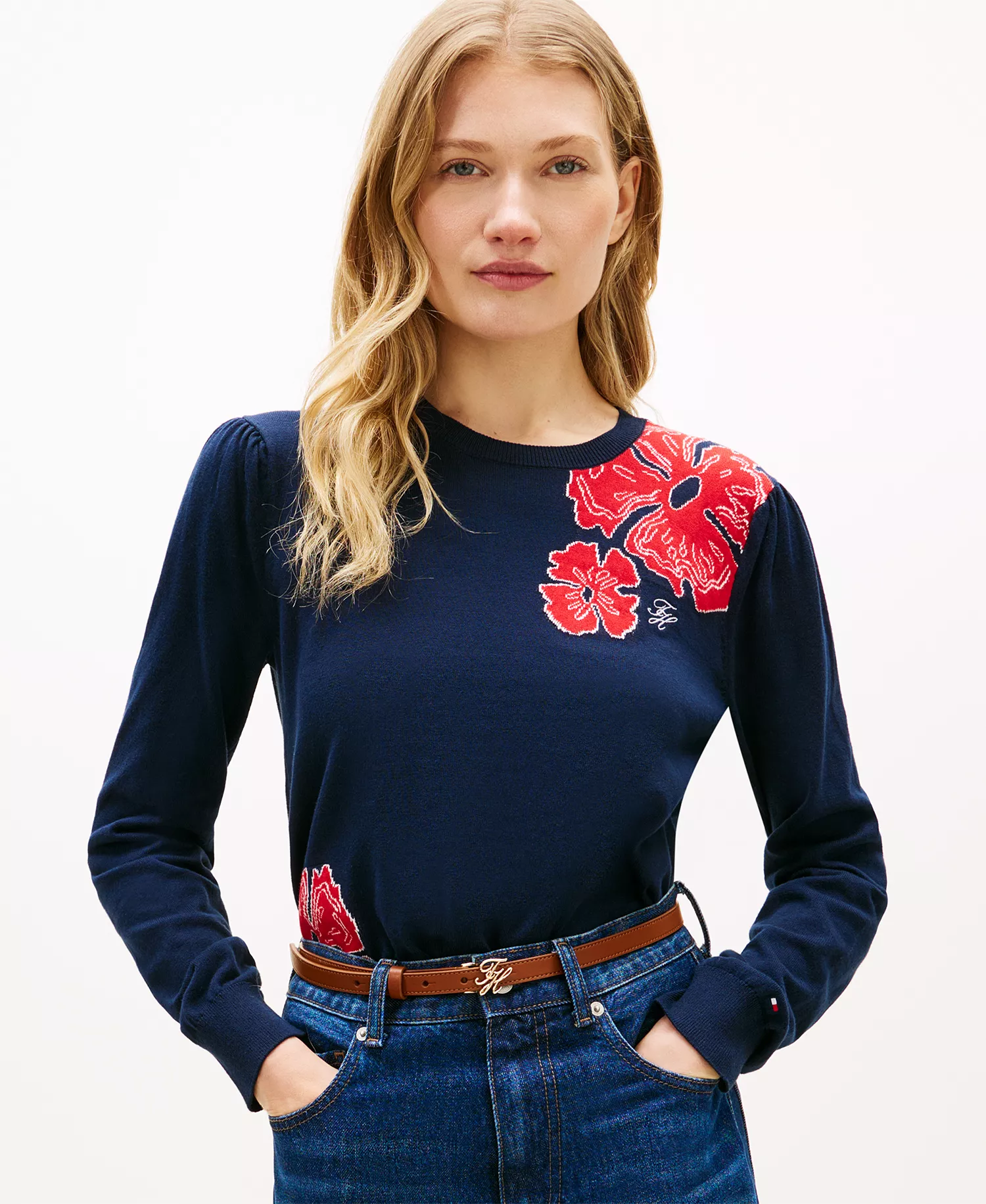 Women's Jacquard All-Over Floral Print Crew Neck Sweater - Dark Night - L