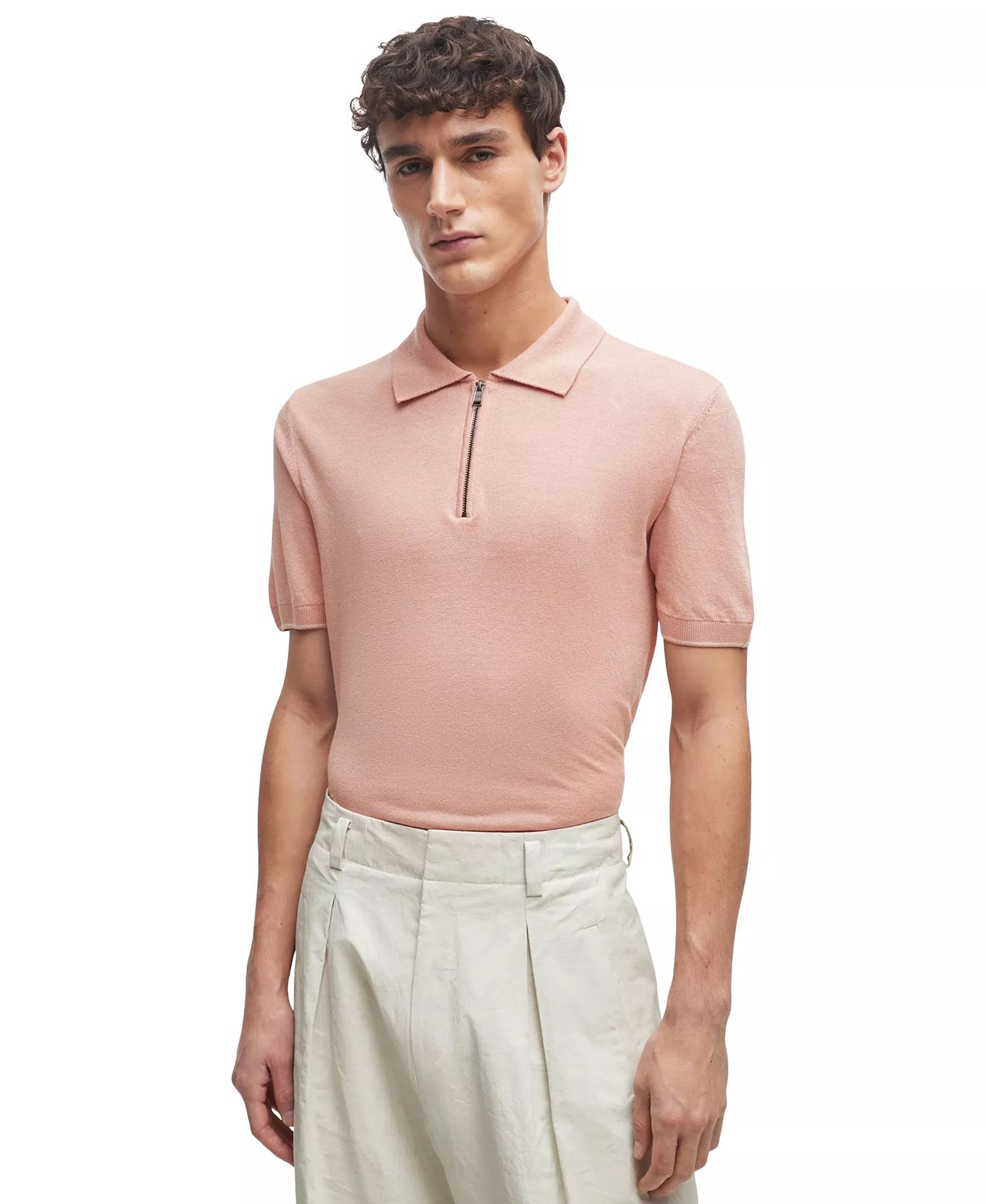 Men's Linen-Blend Zip-Neck Knit Polo - Open Pink - M