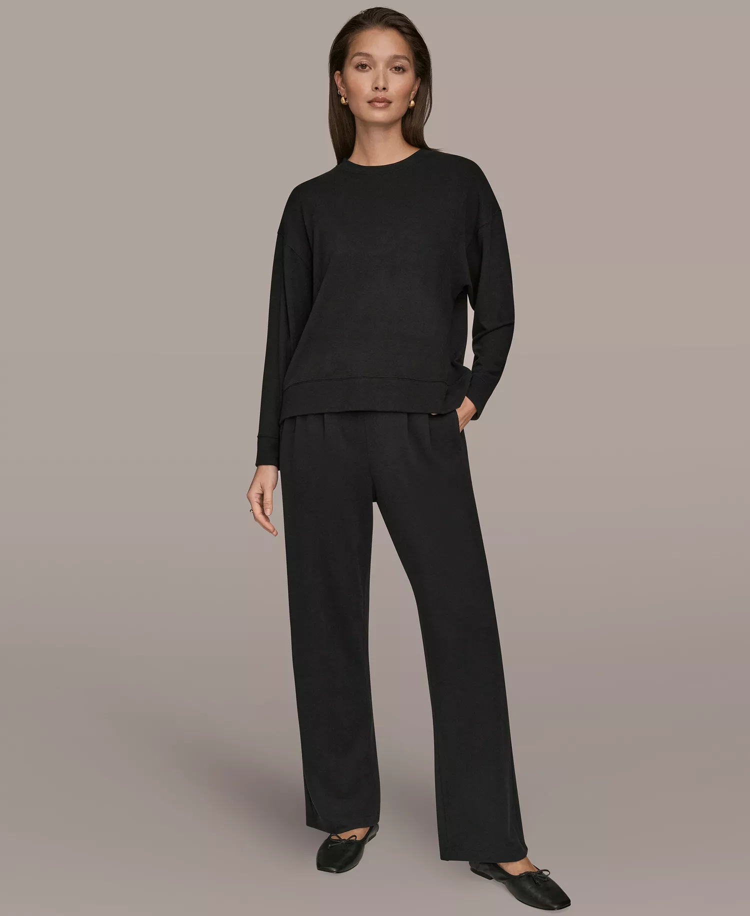 Women's Brushed Jersey Long Sleeve Crew Neck Top - Black - L