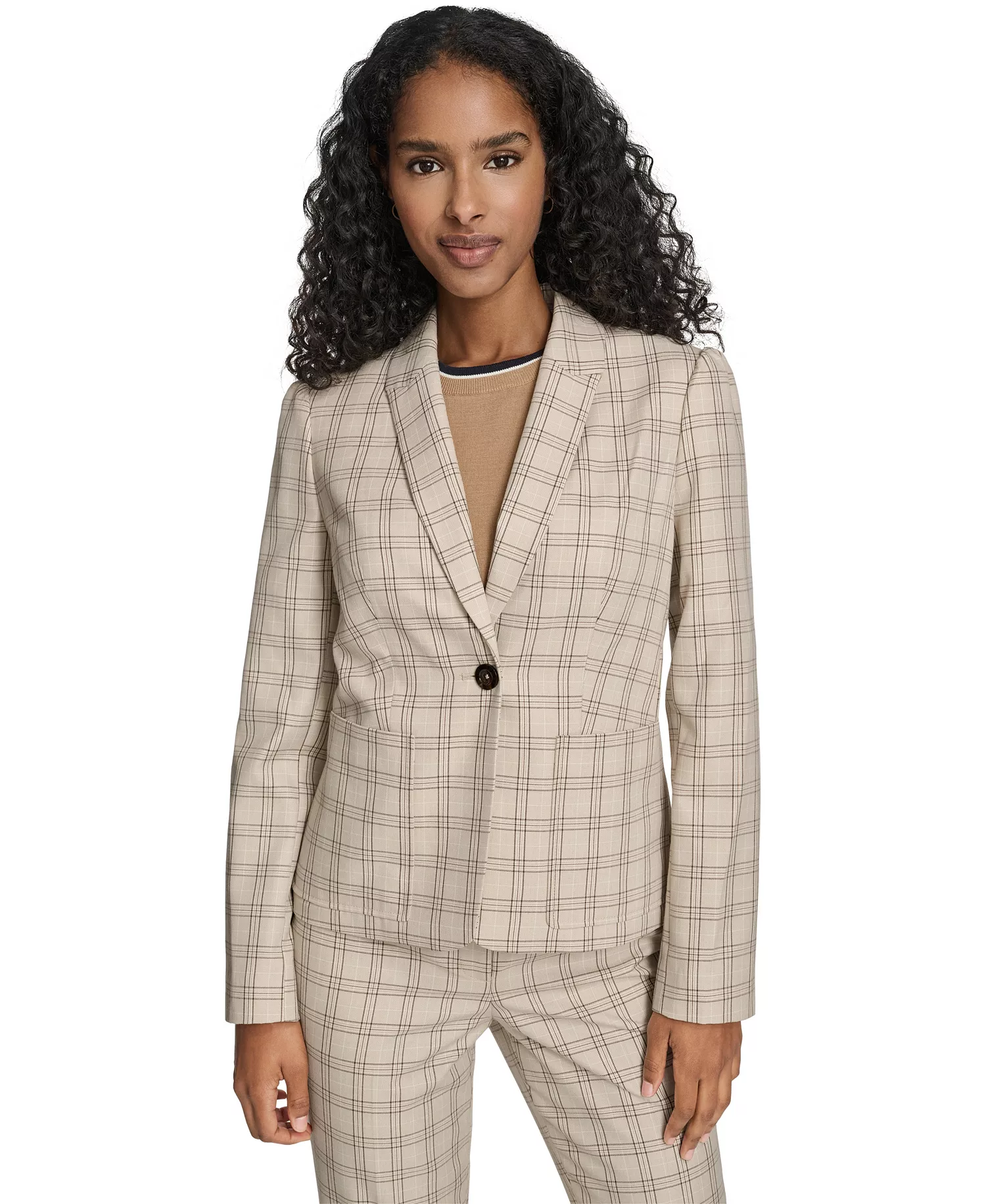 Women's Plaid One Button Blazer Jacket, Plaid Bootcut Trousers and Clip Dot Pleated Bib Pull-On Top - Latte Multi - 0