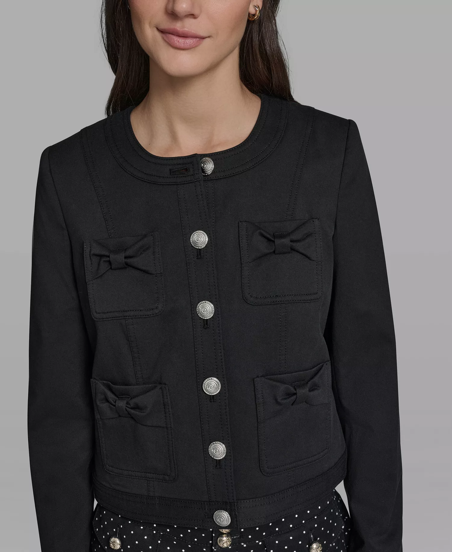 Petite Bow Pocket Jacket - Black - 10P
