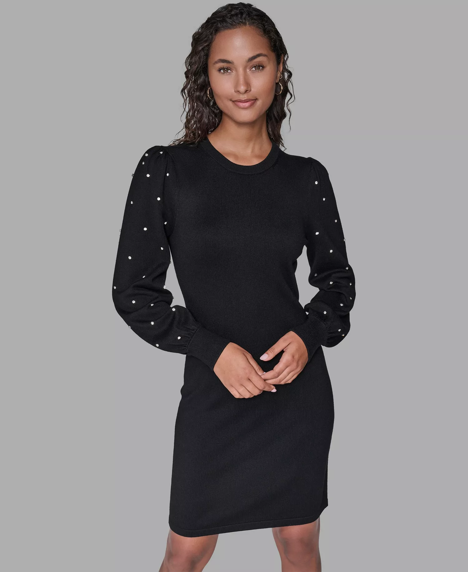 Women's Embellished Crew Neck Sweater Dress - Black - M