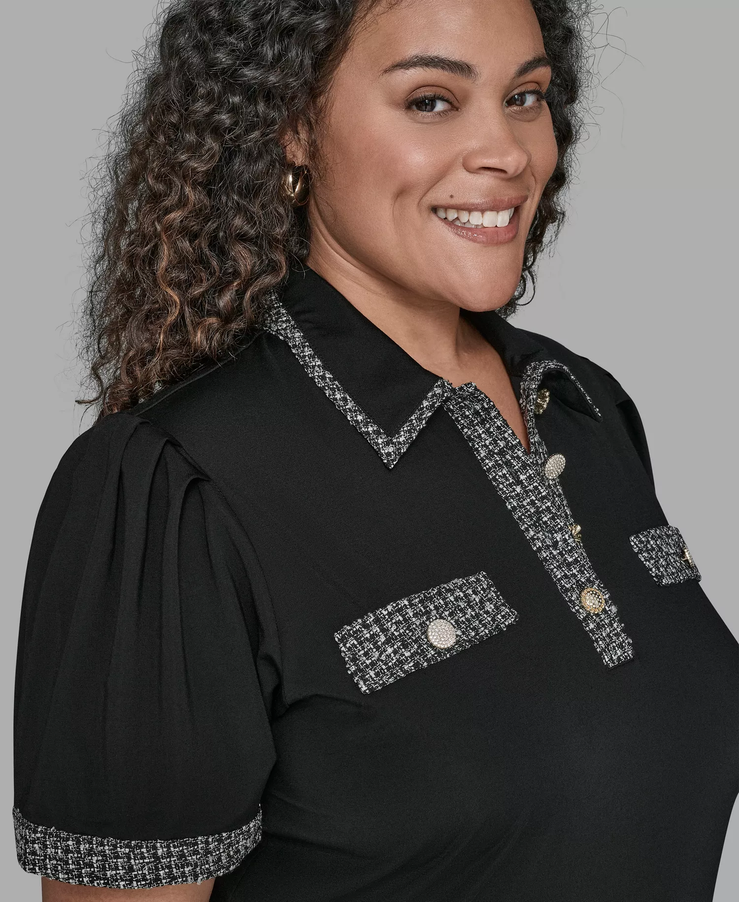 Plus Size Short Sleeve Tweed Trim Knit Top - Black - 2X