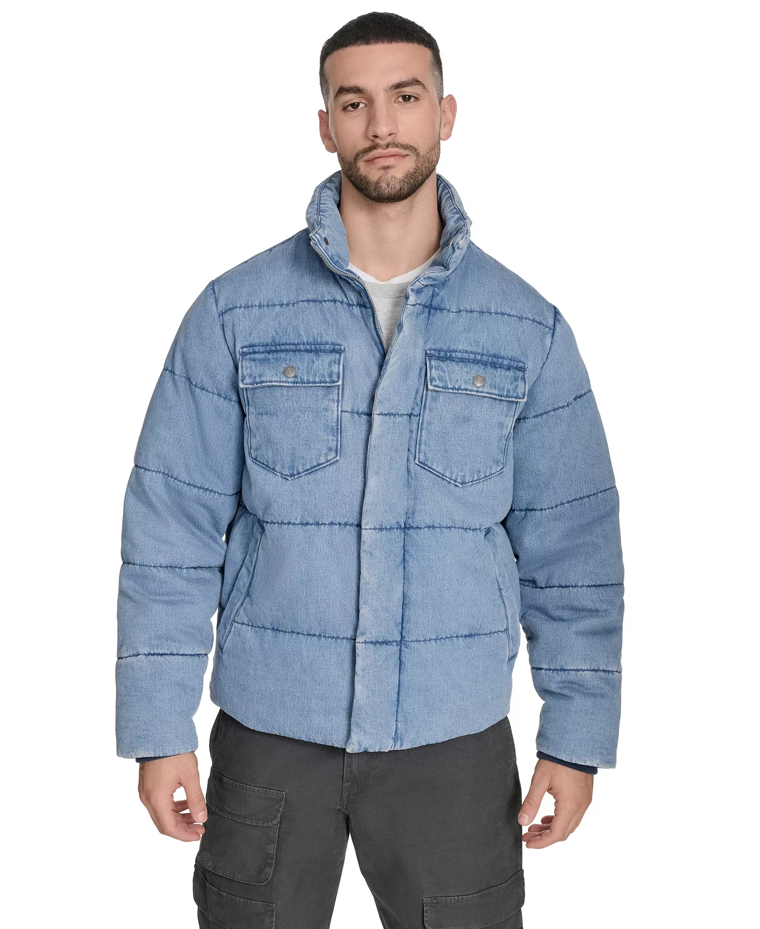 Men's Denim Quilted Puffer Jacket - Light Wash Denim - 2XL