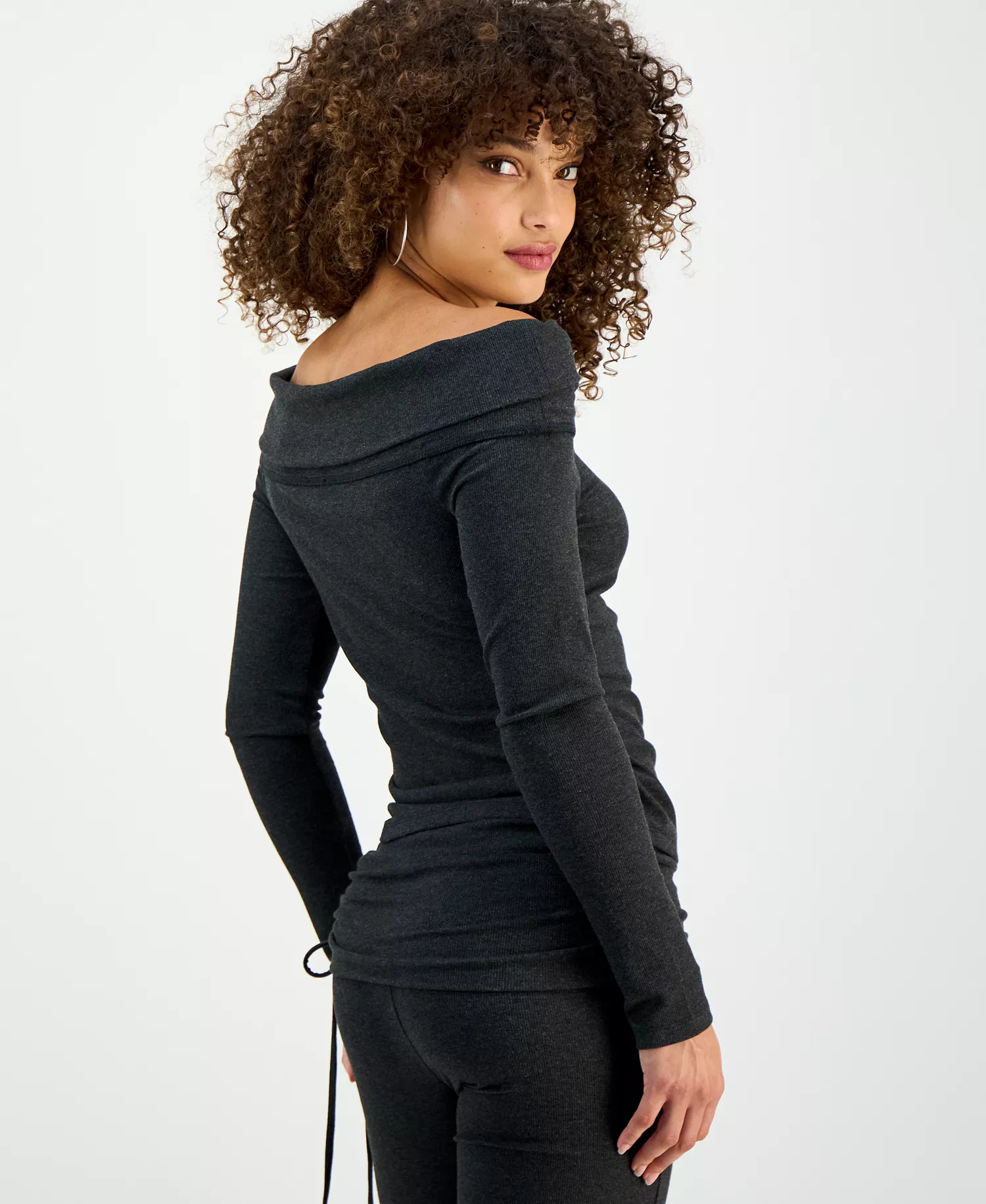 Petite Off-The-Shoulder Long-Sleeve Top, Macy's Exclusive - Charcoal Hthr - P/L
