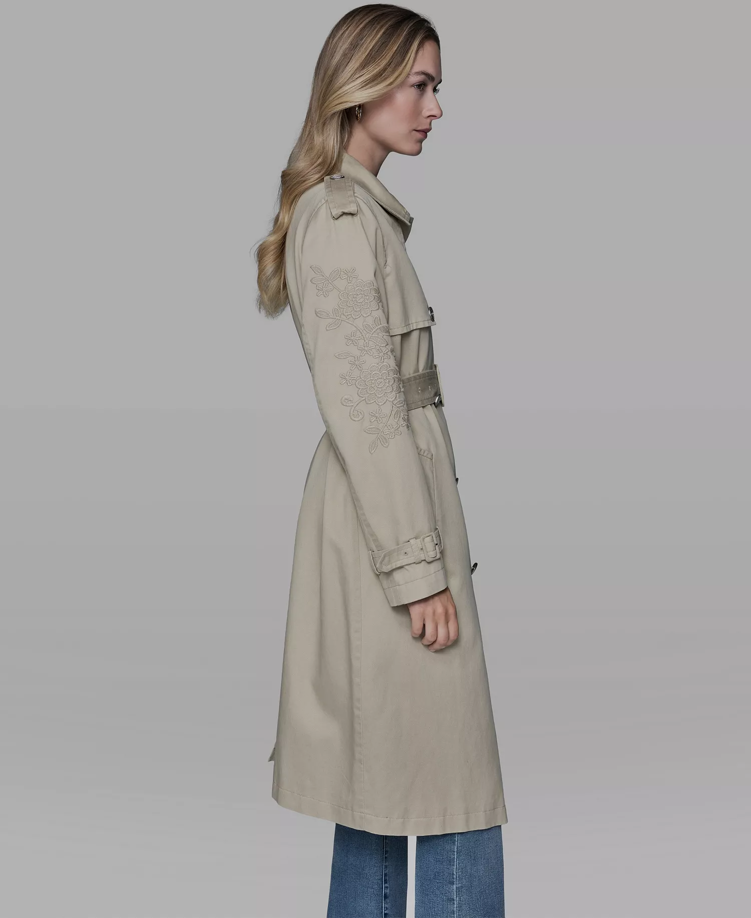 Women's Embroidered Collar Trench Coat - Desert Sand - L