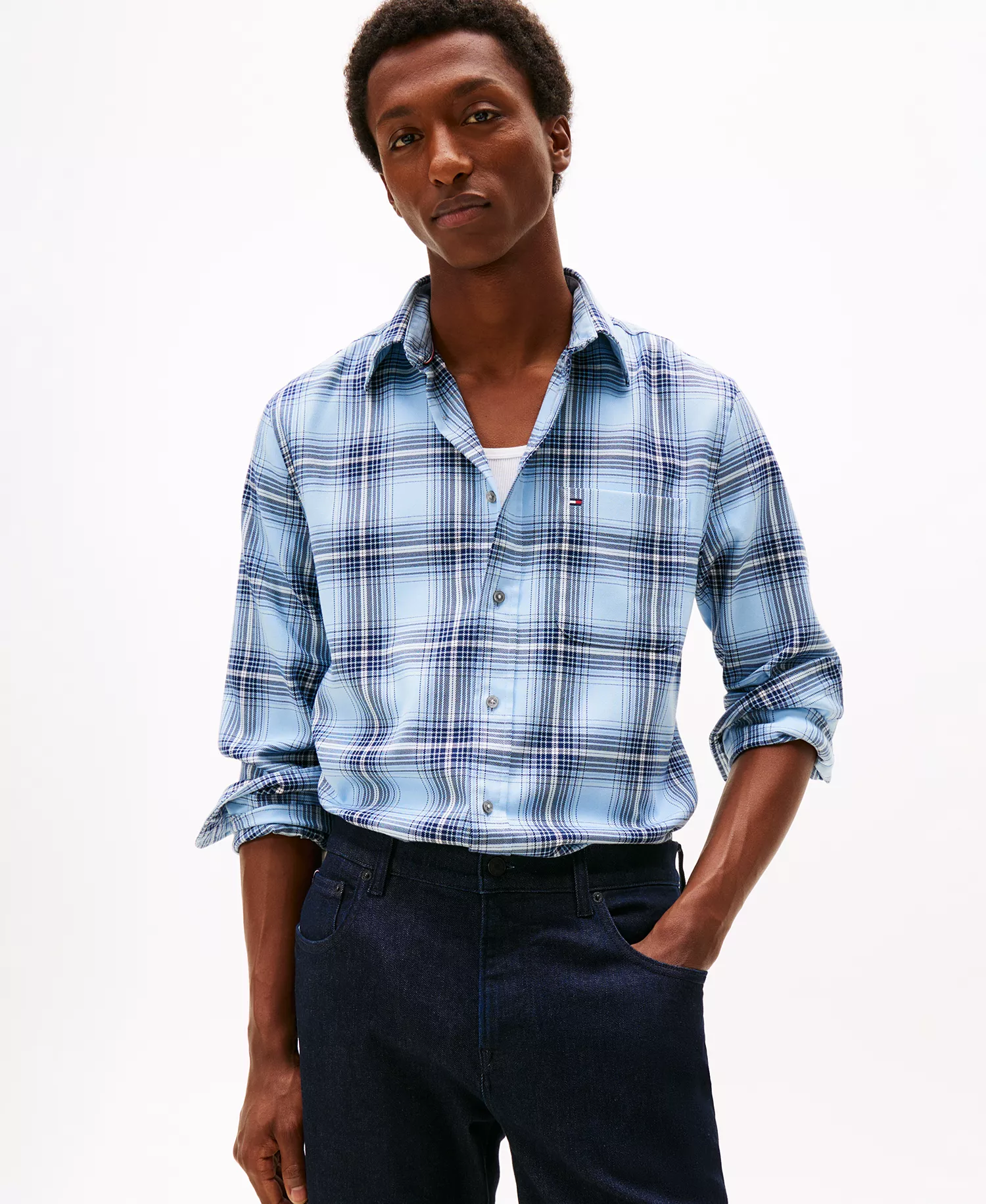 Men's Regular-Fit Soft Touch Blend Checked Shirt - Light Blue Heather / Check - S