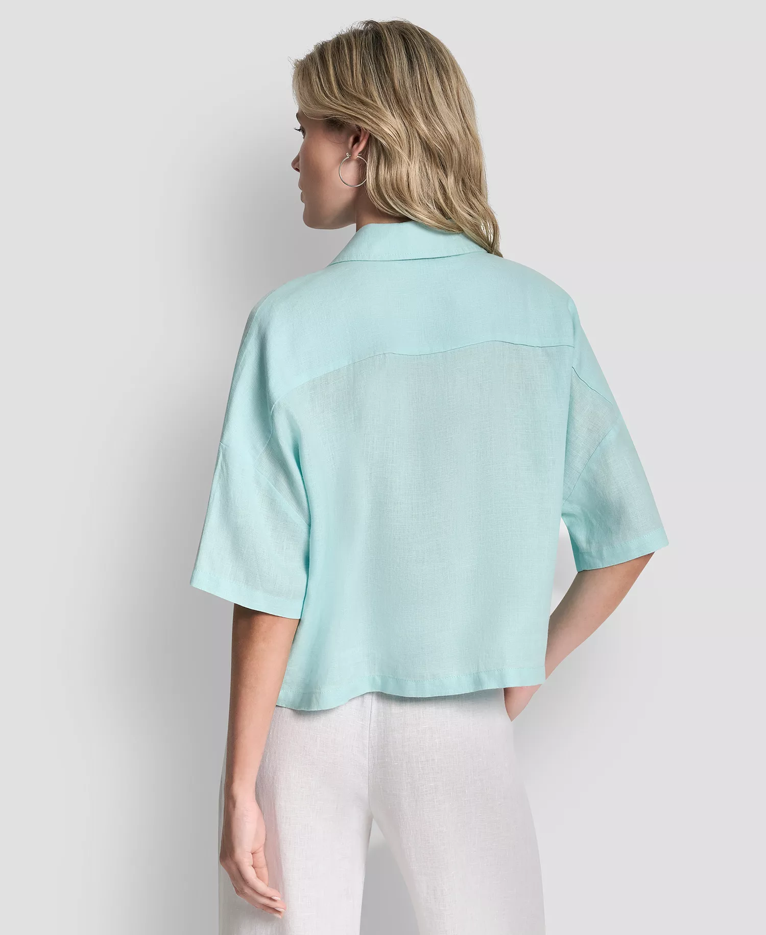 Women's Button-Front Dolman-Sleeve Linen Top - Aqua - L