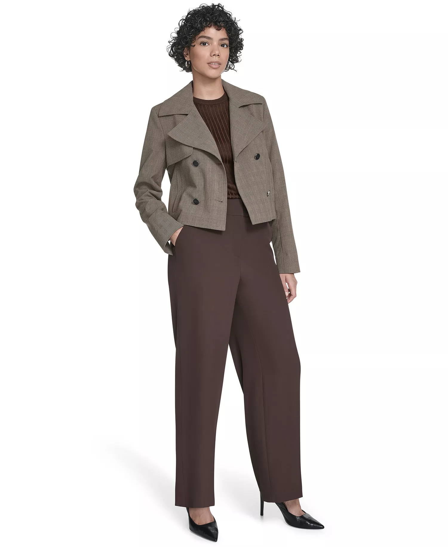 Women's Notch Lapel Collar Cropped Trench Jacket - Oak Leaf Multi - 10