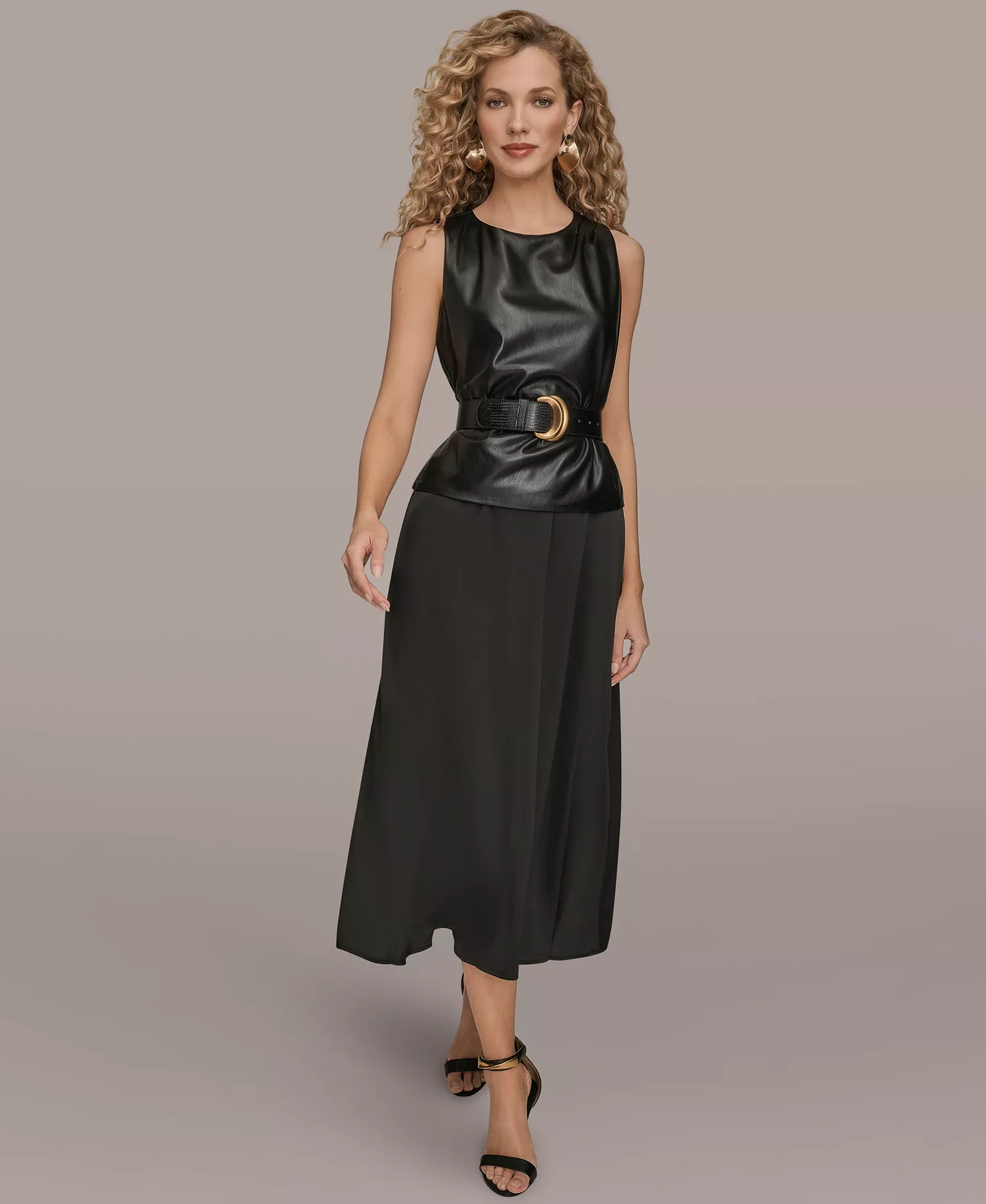 Women's Sleeveless Mixed Media Belted Midi Dress - Black - 10