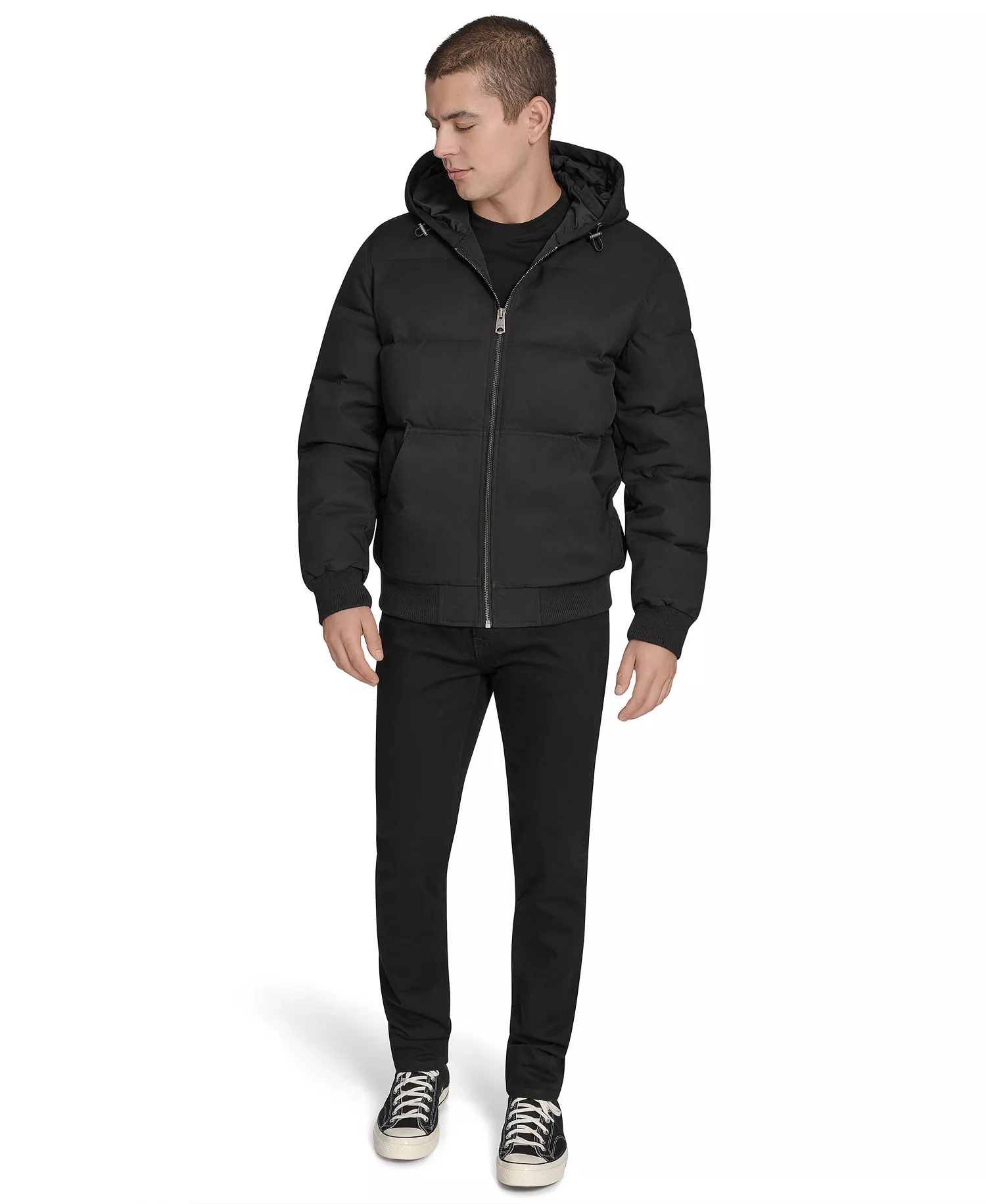 Men's Quilted Bomber with Hood Jacket - Black - 2XL