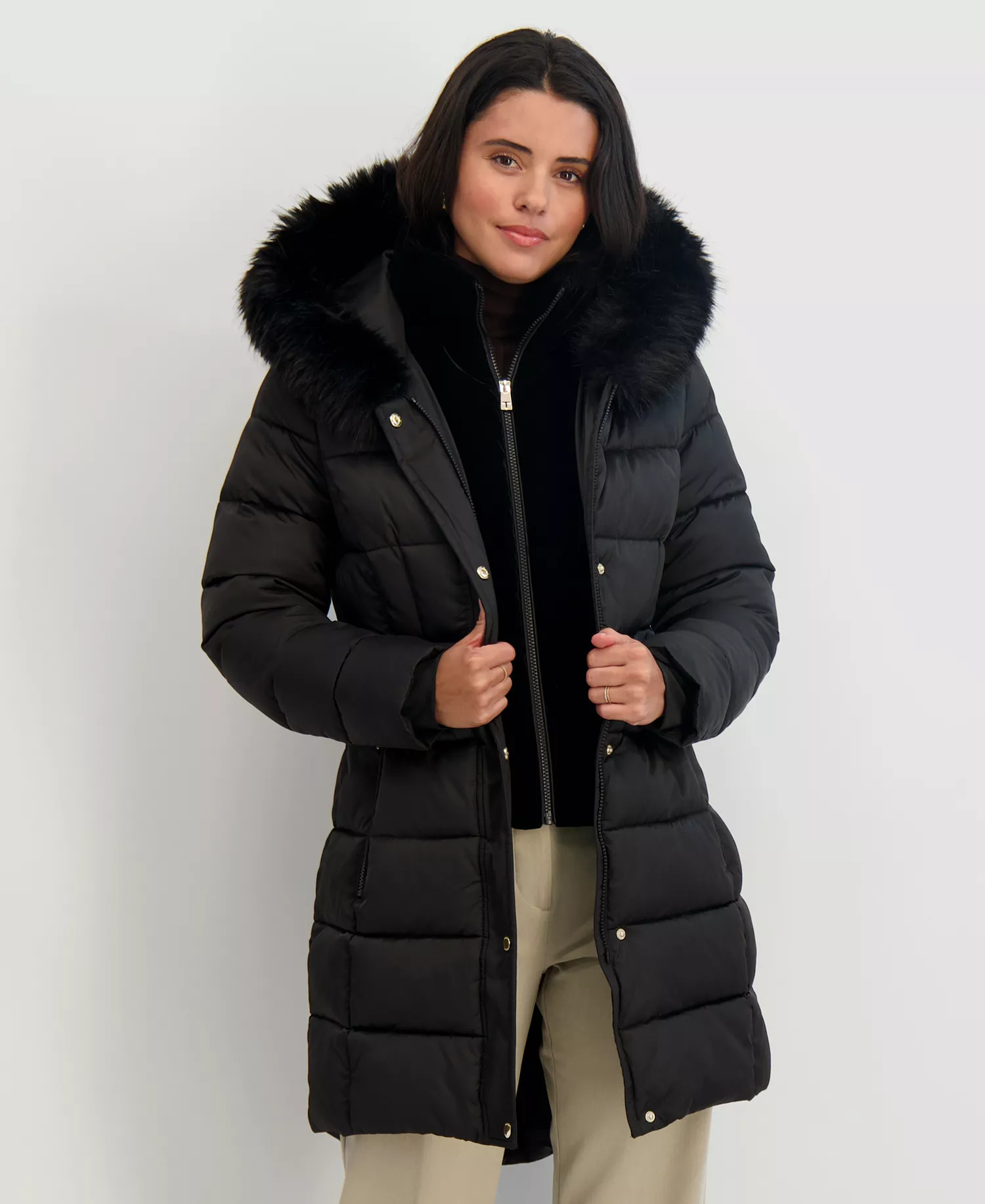 Womens Velvet Bibbed Faux-Fur Hooded Puffer Coat - Black - S