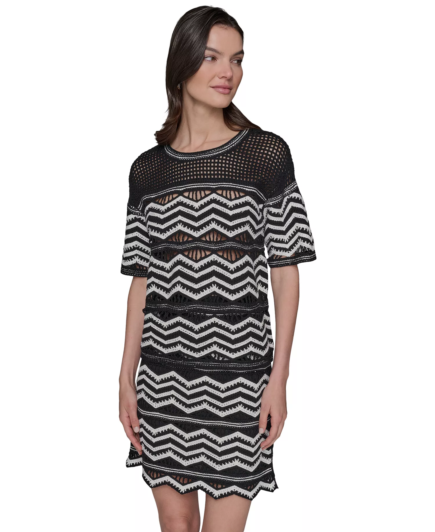 Women's Short-Sleeve Chevron Knit Sweater - Black/soft White - L