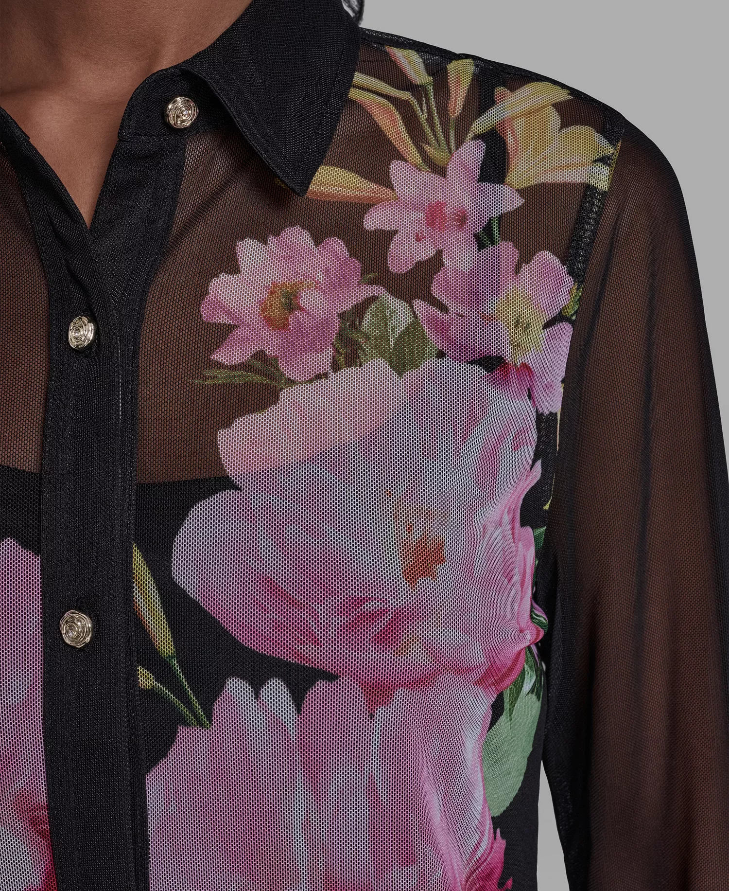 Women's Placed Floral Mesh Collared Shirt - Black - L
