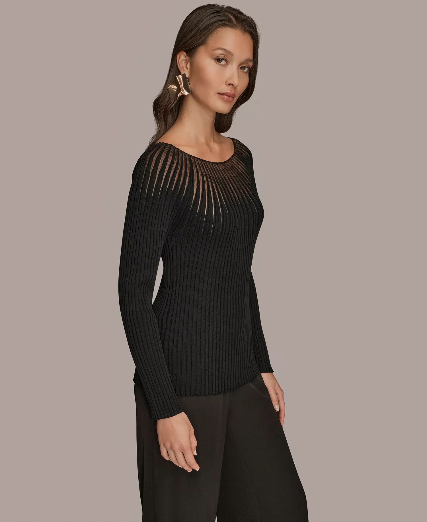 Women's Mesh Detail Boat Neck Sweater - Black - L