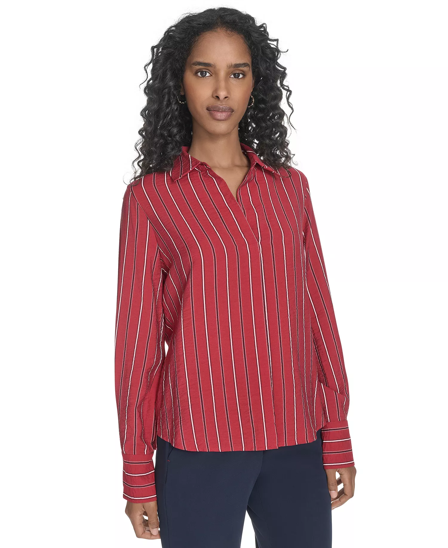 Women's Striped Long-Sleeve Popover Top - Crimson Multi - L