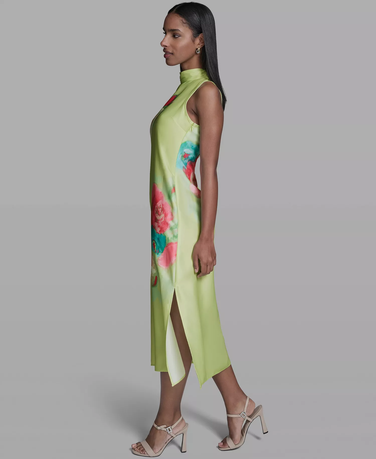 Women's Floral Printed Mock Neck Midi Dress - Tea Green Multi - 0