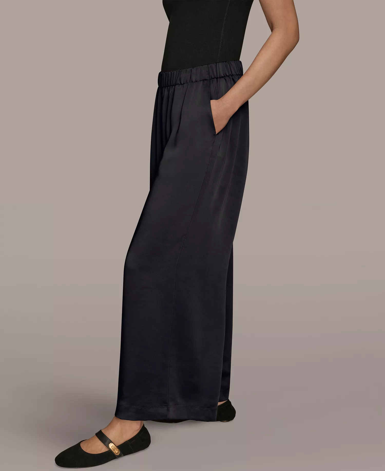 Women's Pull-On Satin Mid Rise Wide Leg Pants - Black - L