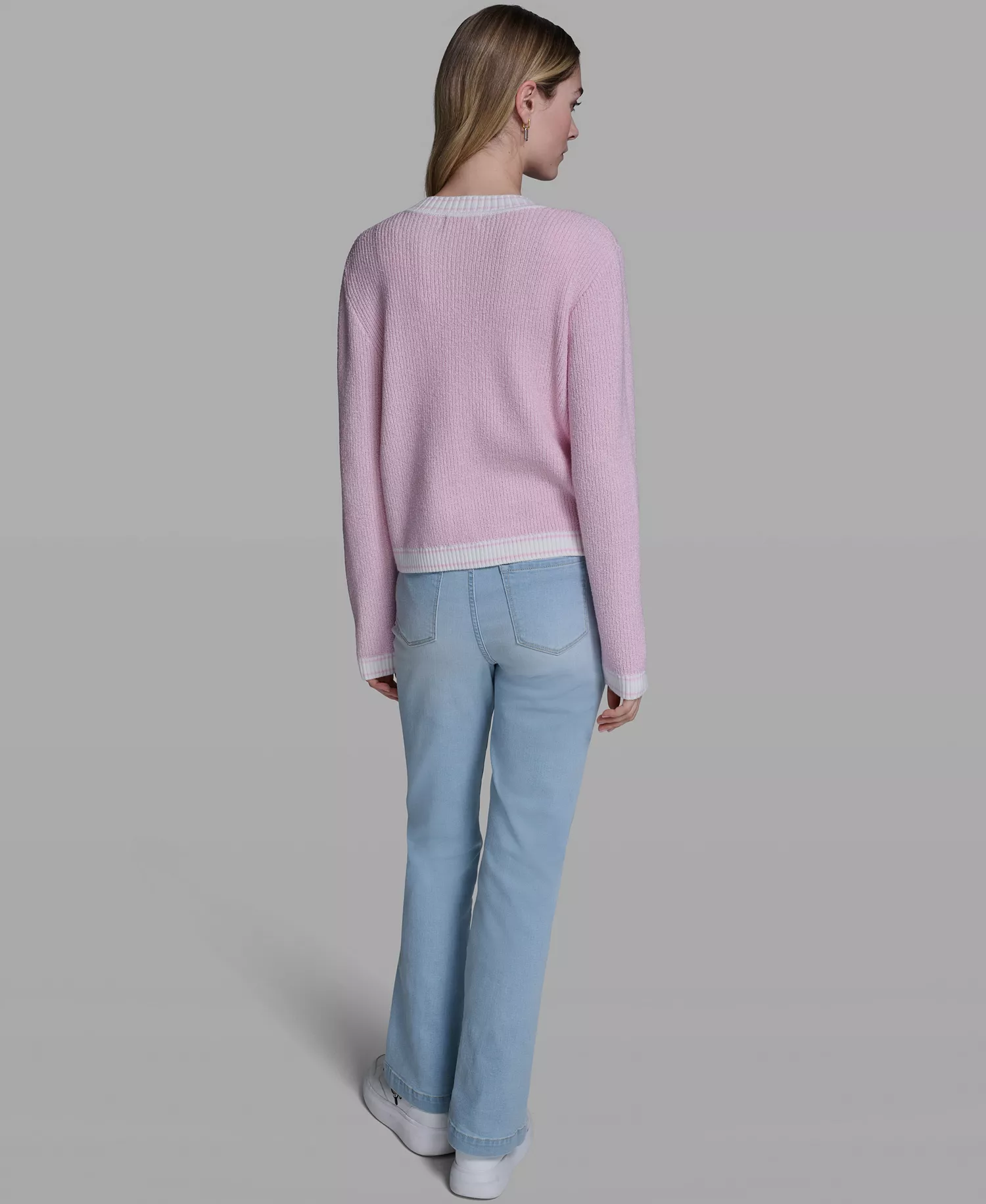 Women's Marled Crew Neck Cardigan Sweater - Ballet Slipper - L