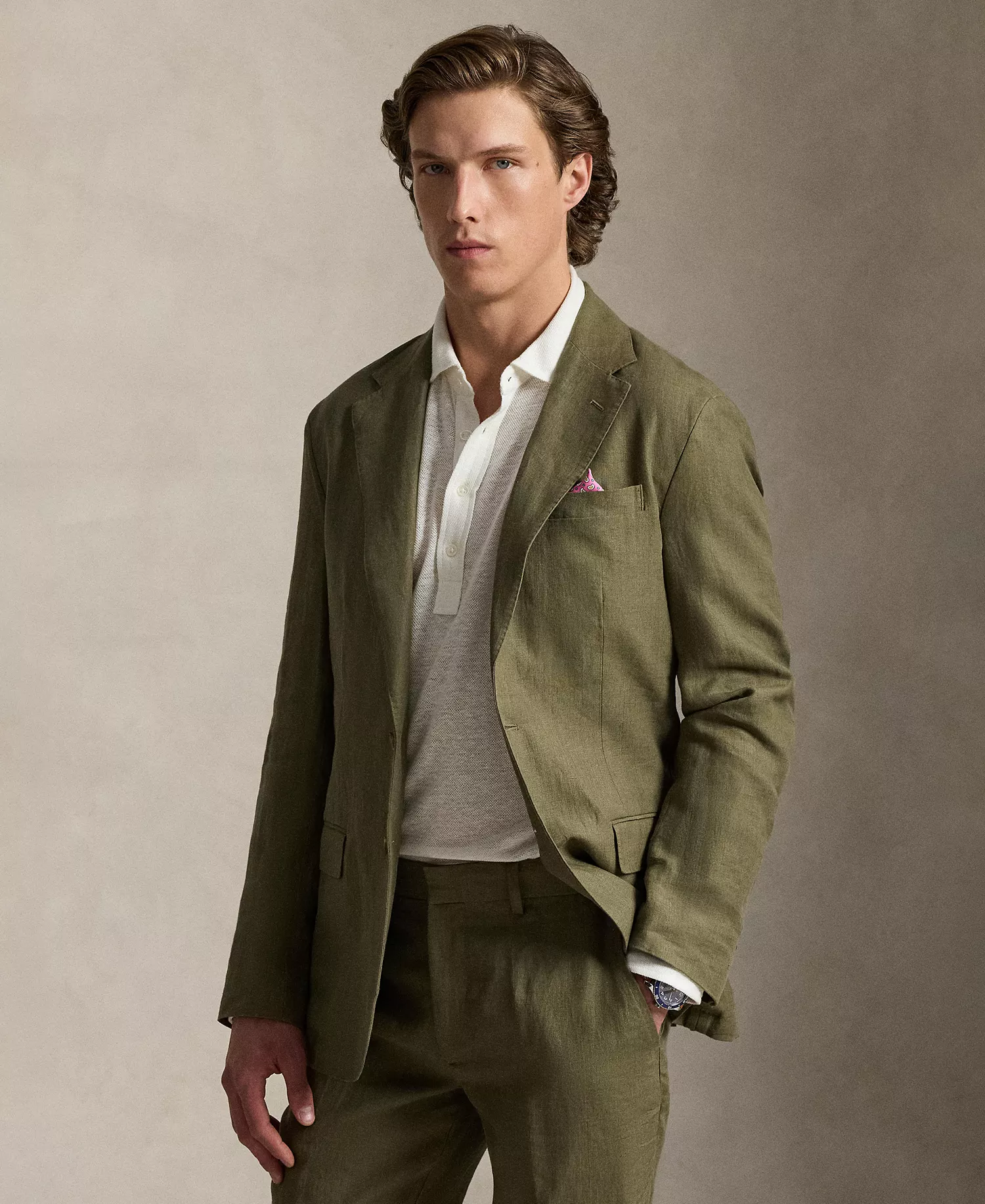Men's Polo Soft Modern Linen Suit Jacket - Basic  Olive - 38