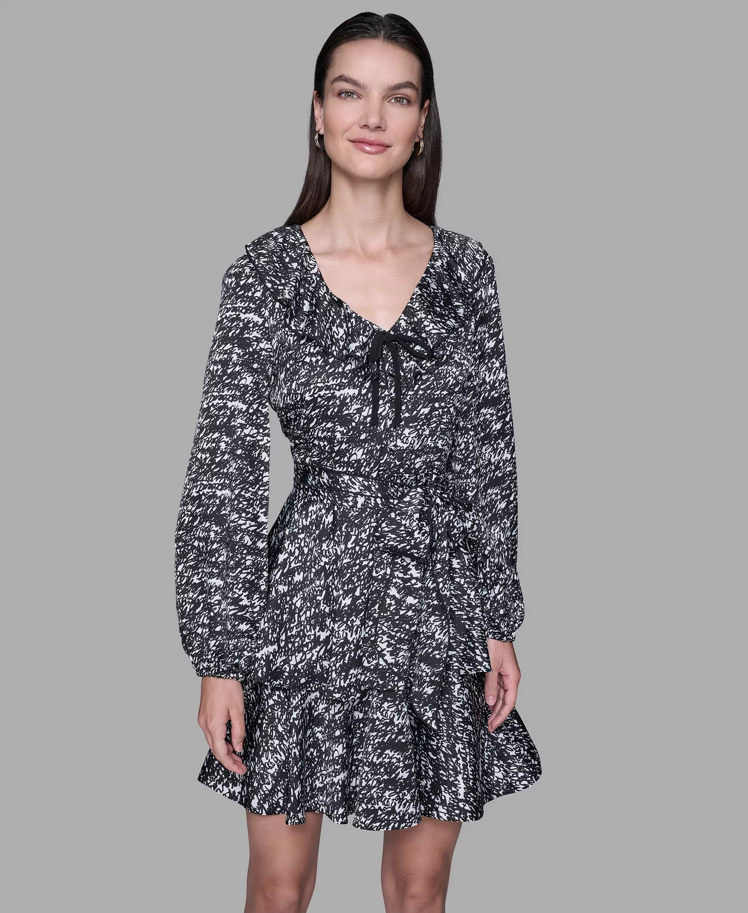 Women's Printed Satin Ruffle V-Neck Dress - Soft White/ Black - 0