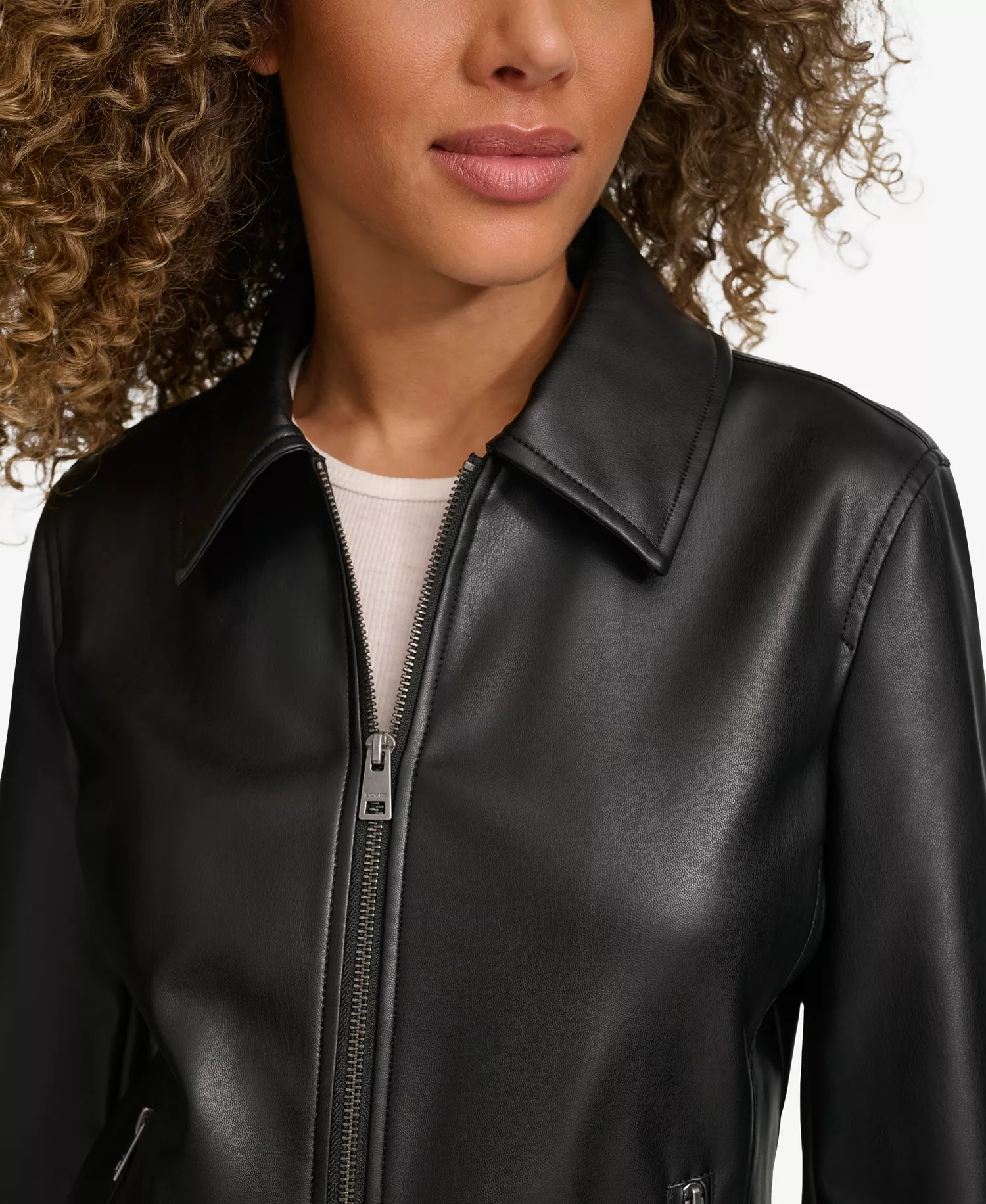 Women's Faux Leather Laydown Collar Jacket - Black - L