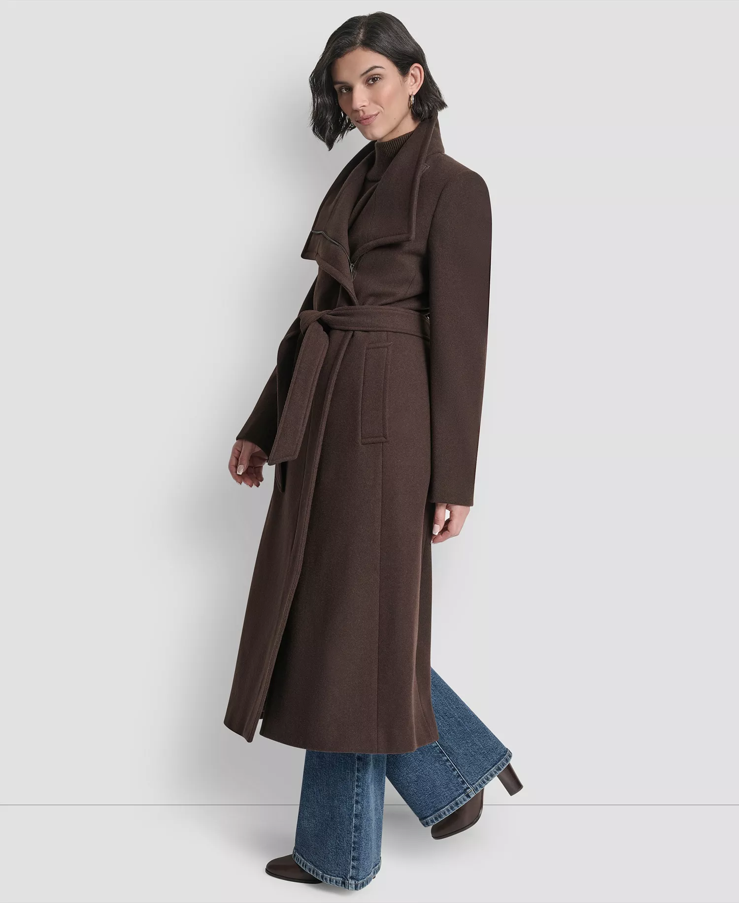 Women's Wing Collar Asymmetrical Wrap Coat - Bitter - L