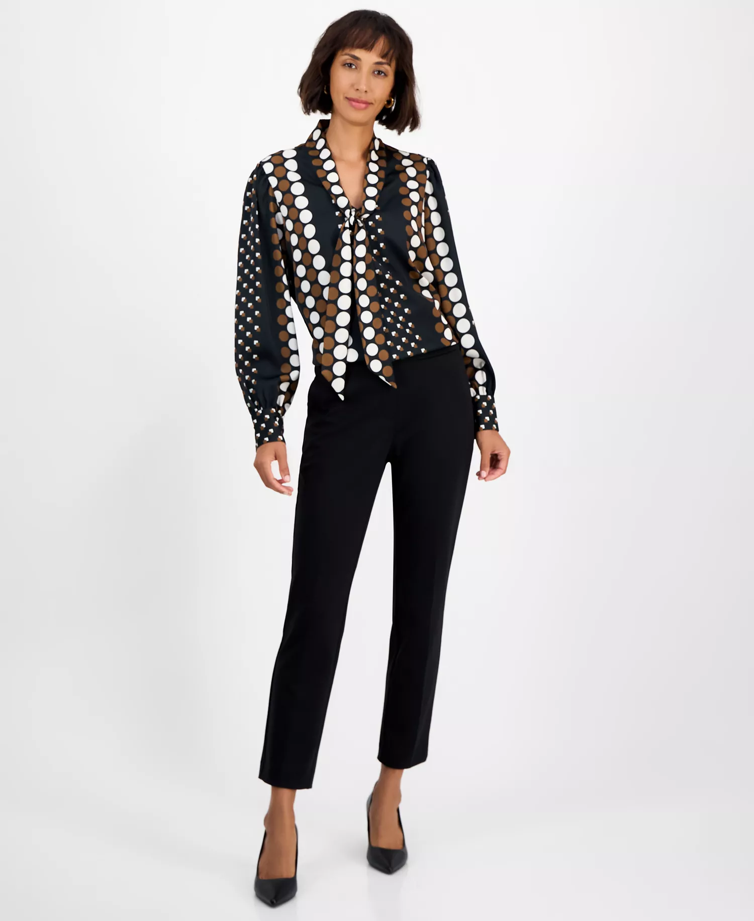 Women's Printed Tie-Neck Long-Sleeve Blouse  - Wallpaper Dot - S