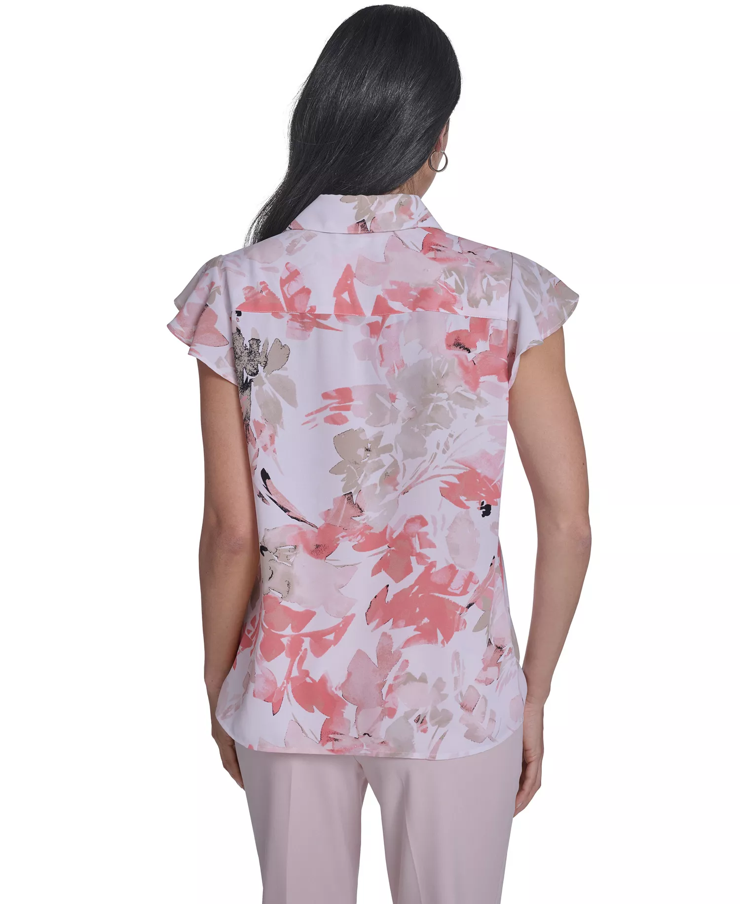 Women's Printed Cap-Sleeve Ruffle Front Top - Petal/latte Multi - L