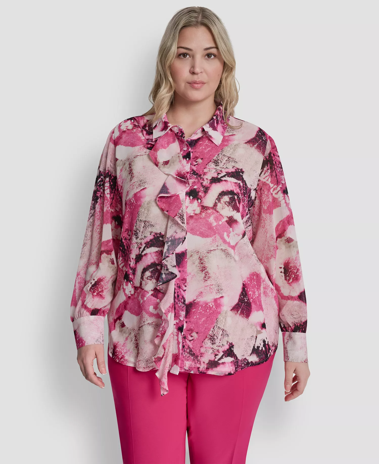 Plus Size Printed Button-Front Top - Hot Pink/Pebble Multi - 1X