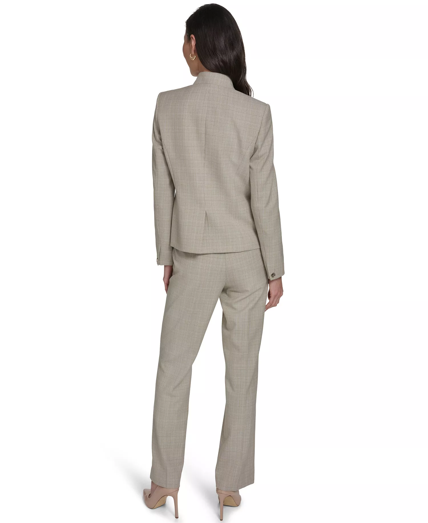 Women's Plaid Open Front Blazer,  Short-Sleeve Tipped Sweater and Plaid Bootcut Trousers - Harbor Gray Multi - 0