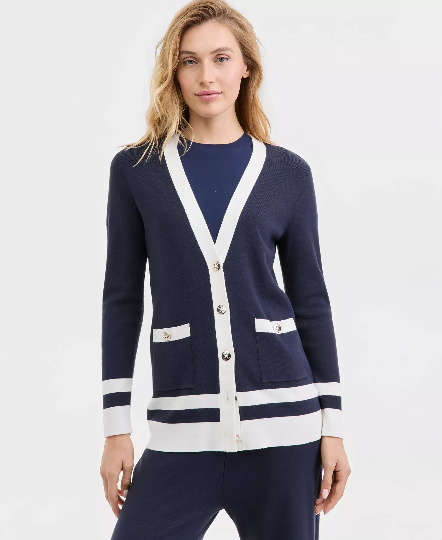 Nautica Women's Long V-Neck Cardigan Sweater - Night Sky/ Ivory - L