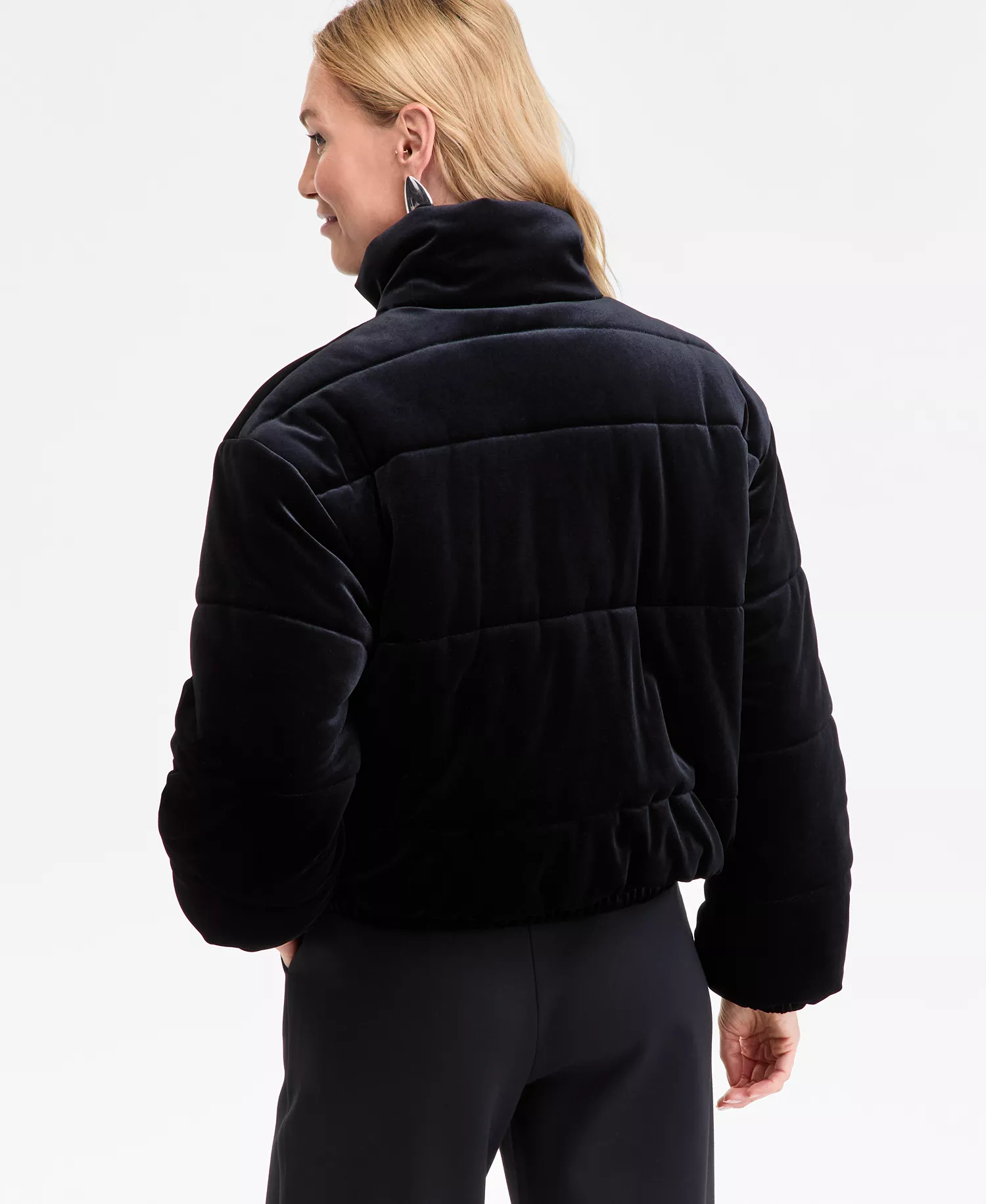 Women's Cropped Velvet Puffer Jacket, Macy's Exclusive - Deep Black - XL