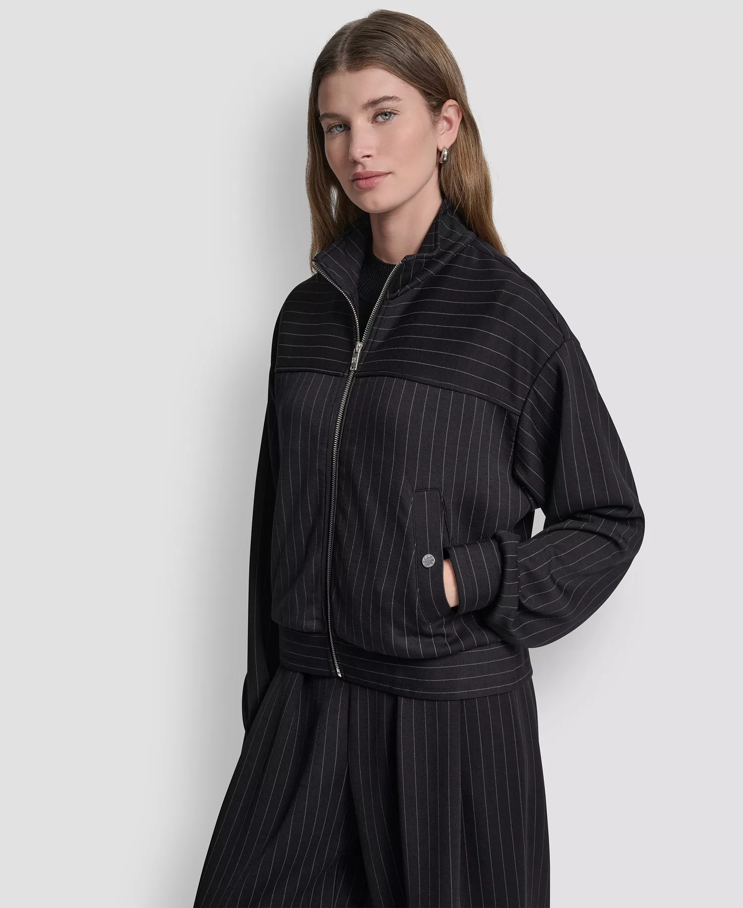 Women's Full-Zip Pinstripe Track Jacket and Straight-Leg Pleated Pinstripe Pants - Black Pinstripe - L